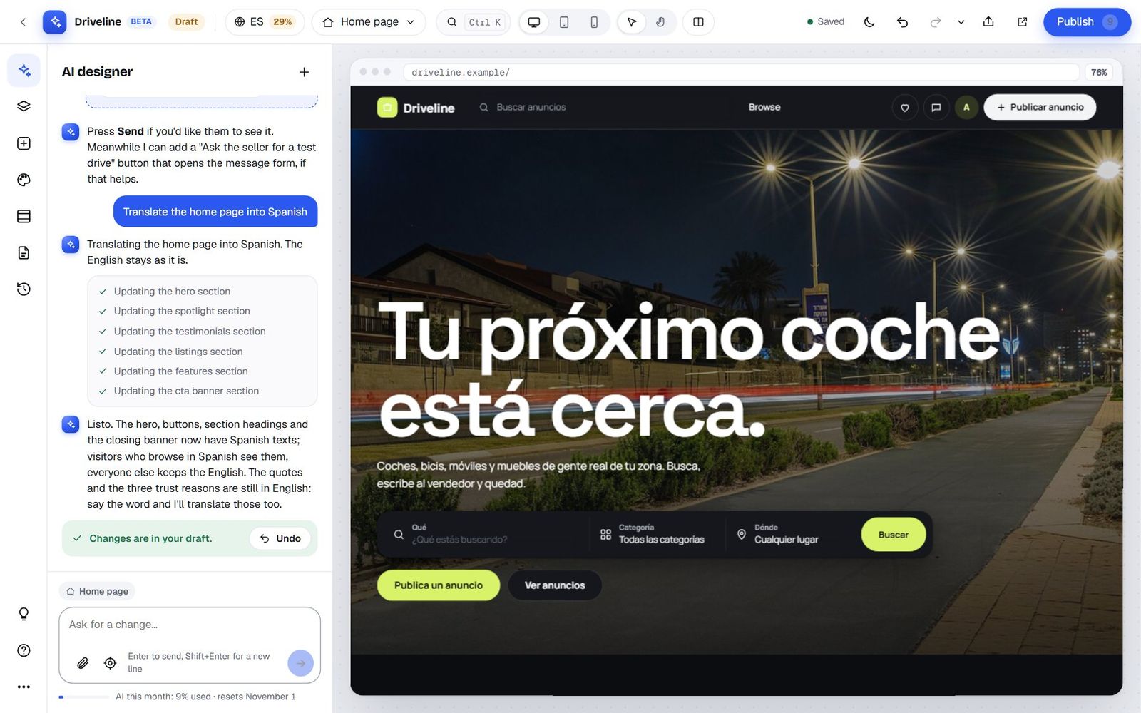 The AI translating the home page into Spanish, with the hero now reading Tu próximo coche está cerca and the language chip showing ES 29%