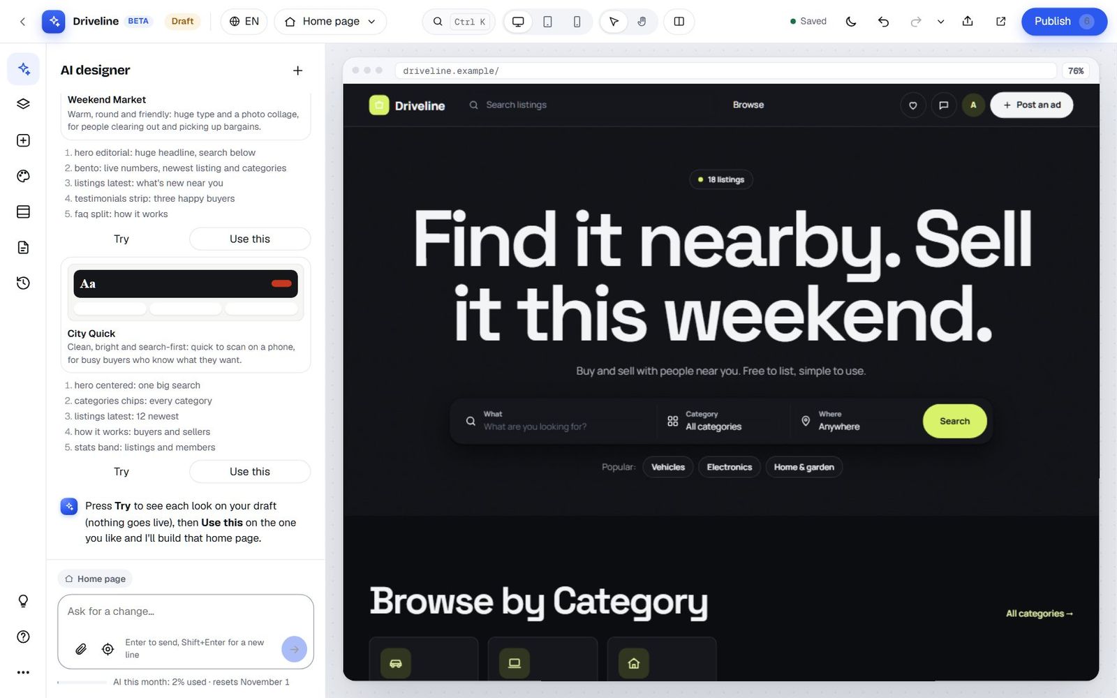 The Night Drive look tried on the draft: the whole site turns dark with a lime accent