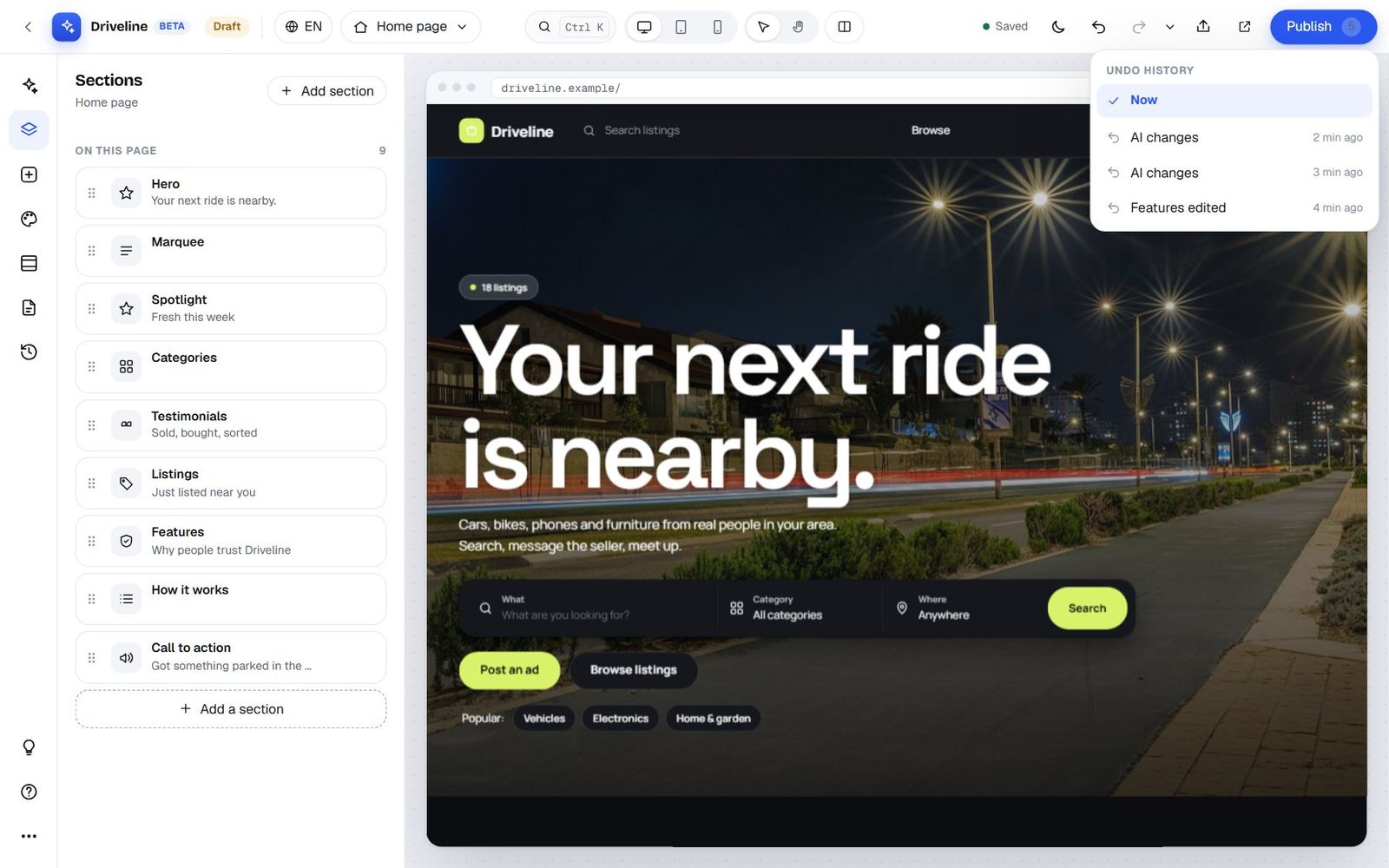 The Undo history menu listing Now, AI changes 2 minutes ago, AI changes 3 minutes ago and Features edited 4 minutes ago