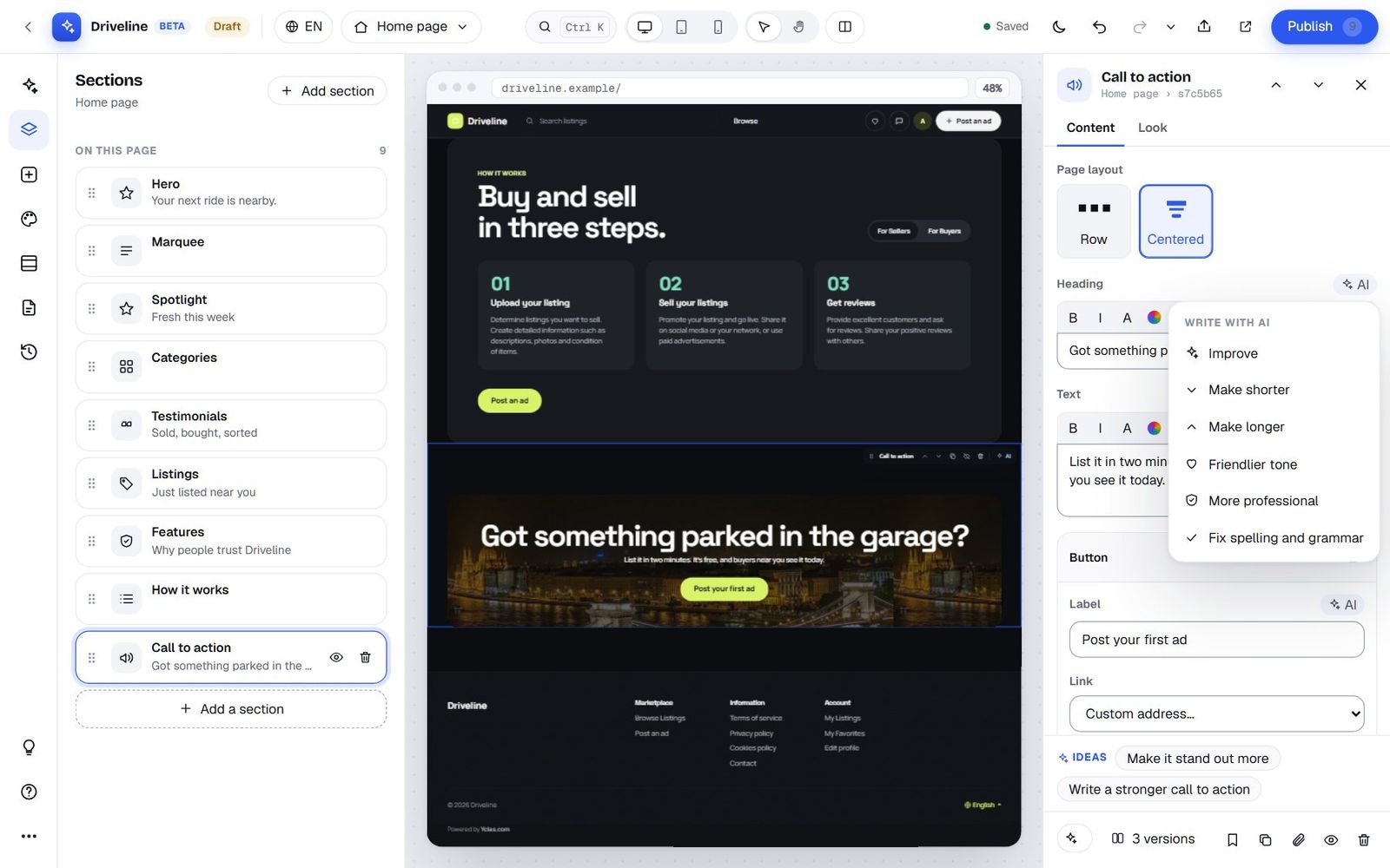 The Write with AI menu on the Call to action heading with Improve, Make shorter, Make longer, Friendlier tone, More professional and Fix spelling and grammar