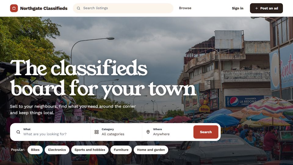 Example site Northgate Classifieds, made with the Hometown design
