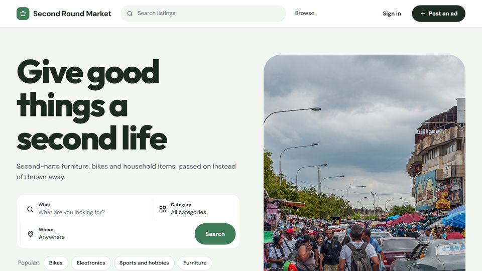Example site Second Round Market, made with the Reuse design