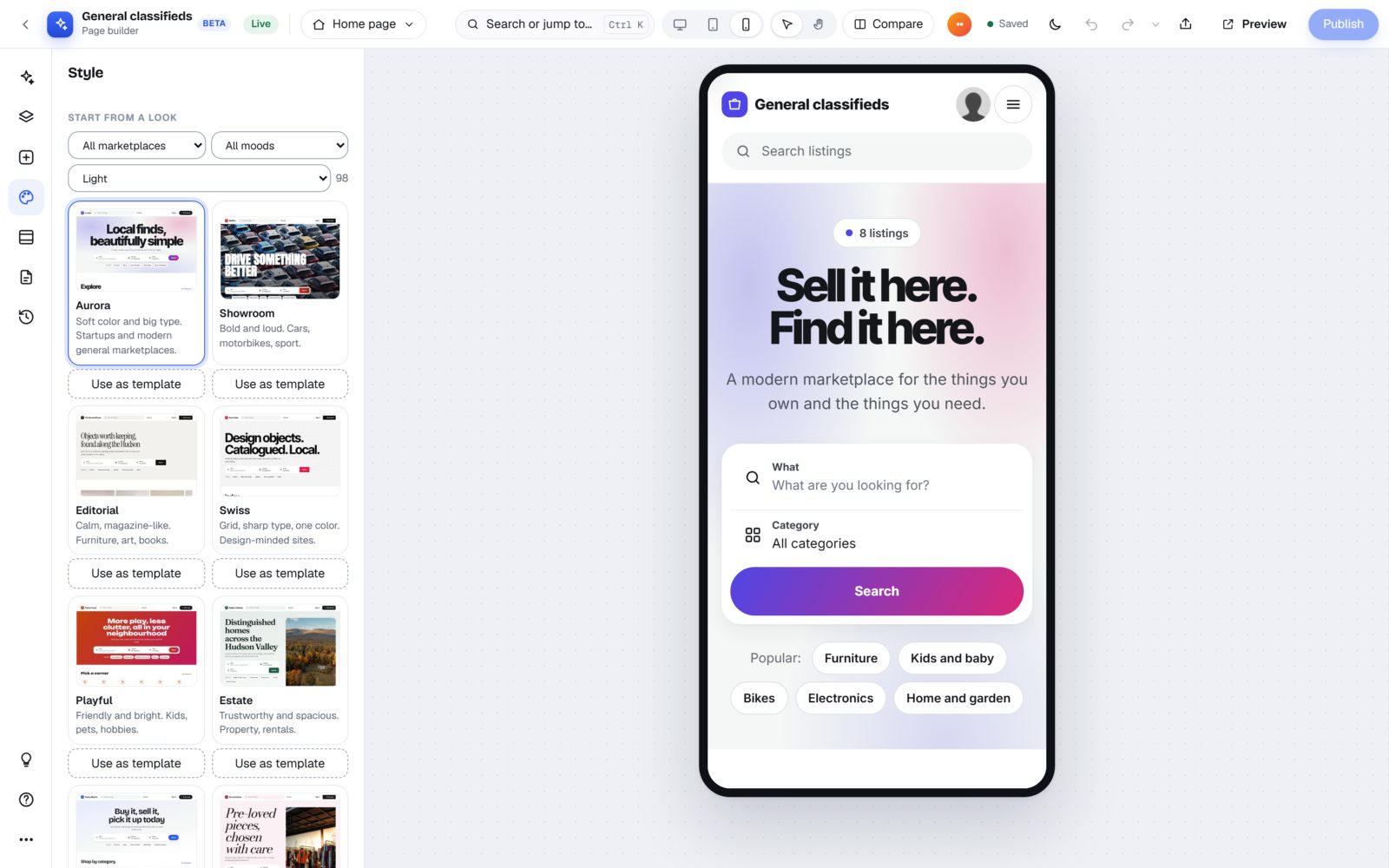 The Studio previewing the home page on a phone