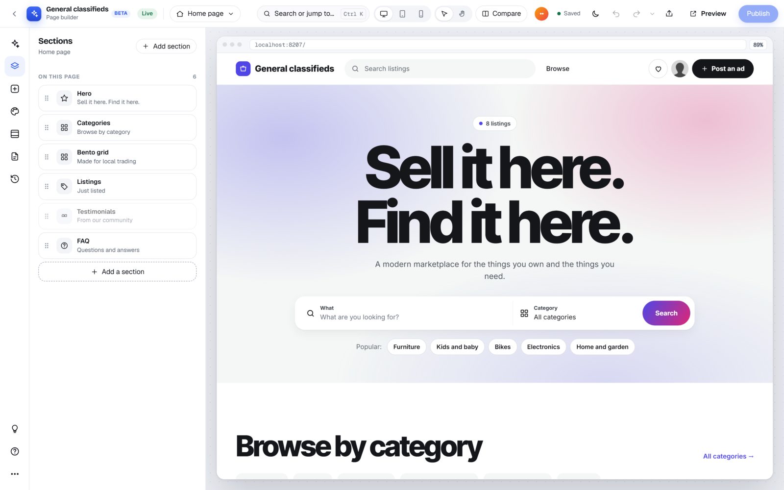 The Sections panel listing the home page sections next to the preview