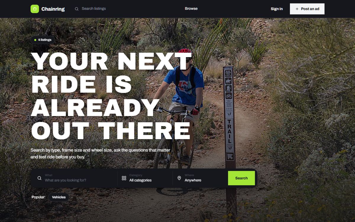 The home page of Chainring, a bike marketplace