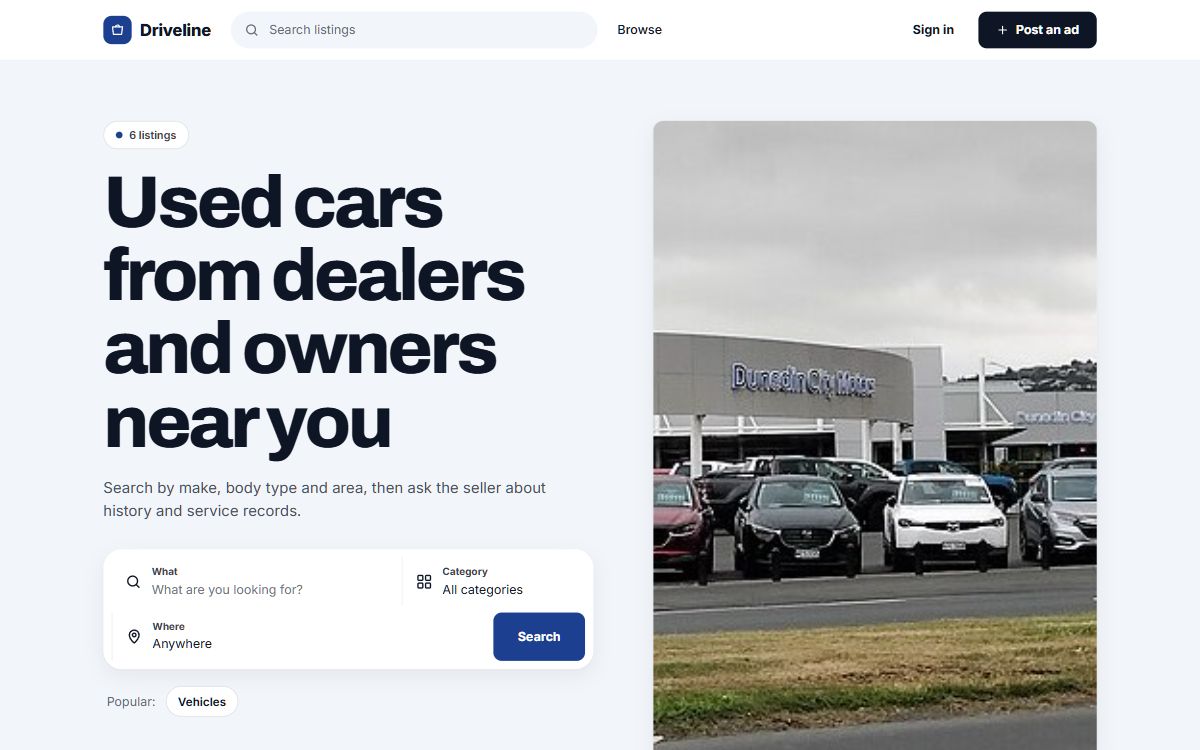 The home page of Driveline, a used car marketplace