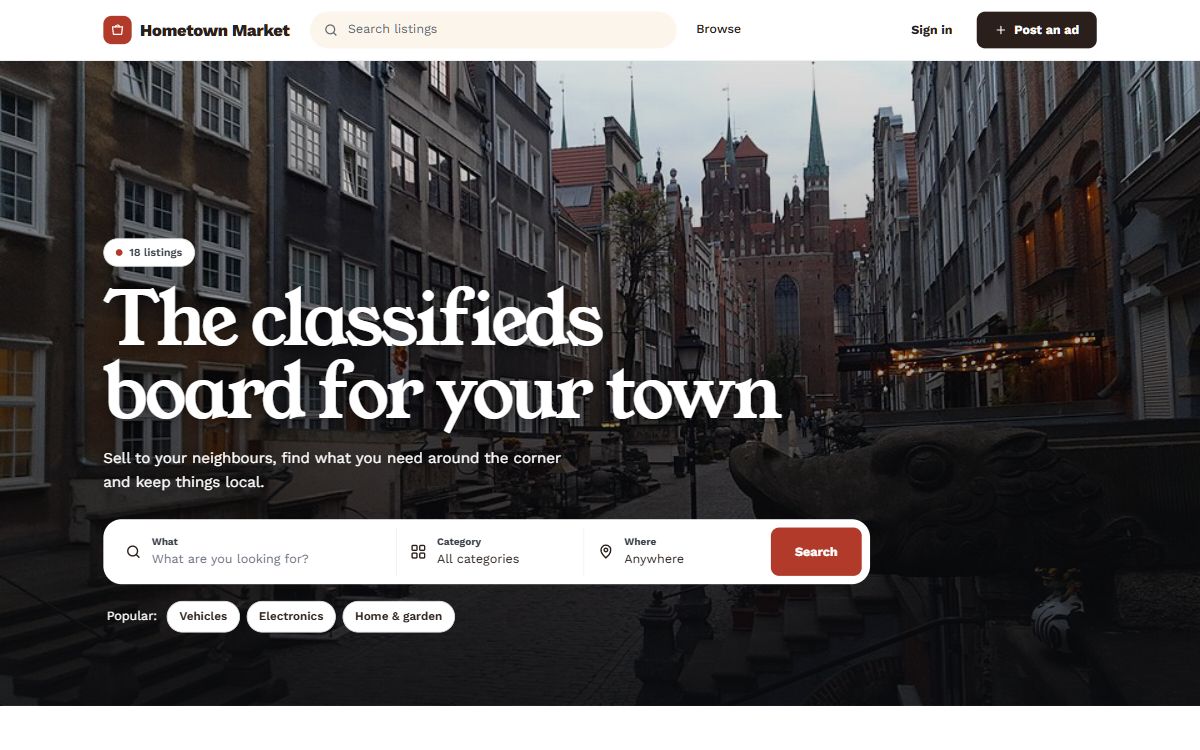 The home page of Hometown Market, a demo marketplace for a town