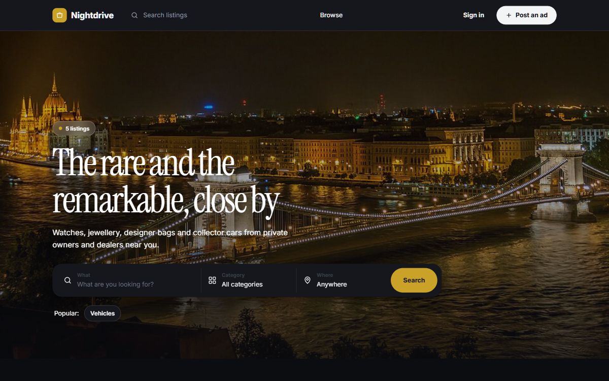 Nightdrive, a luxury car marketplace look made with Yclas