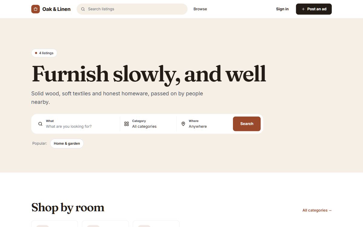 The home page of Oak & Linen, a demo homeware marketplace made with Yclas