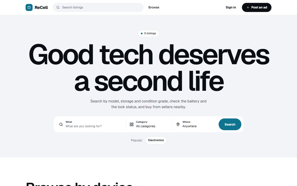 The home page of ReCell, a demo secondhand marketplace made with Yclas