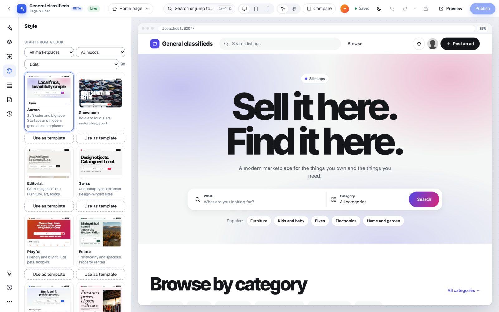 The page builder Studio: the look gallery next to a live preview of the home page