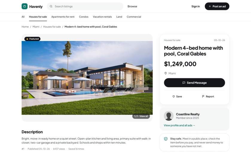 A listing page with seller profile and Send message