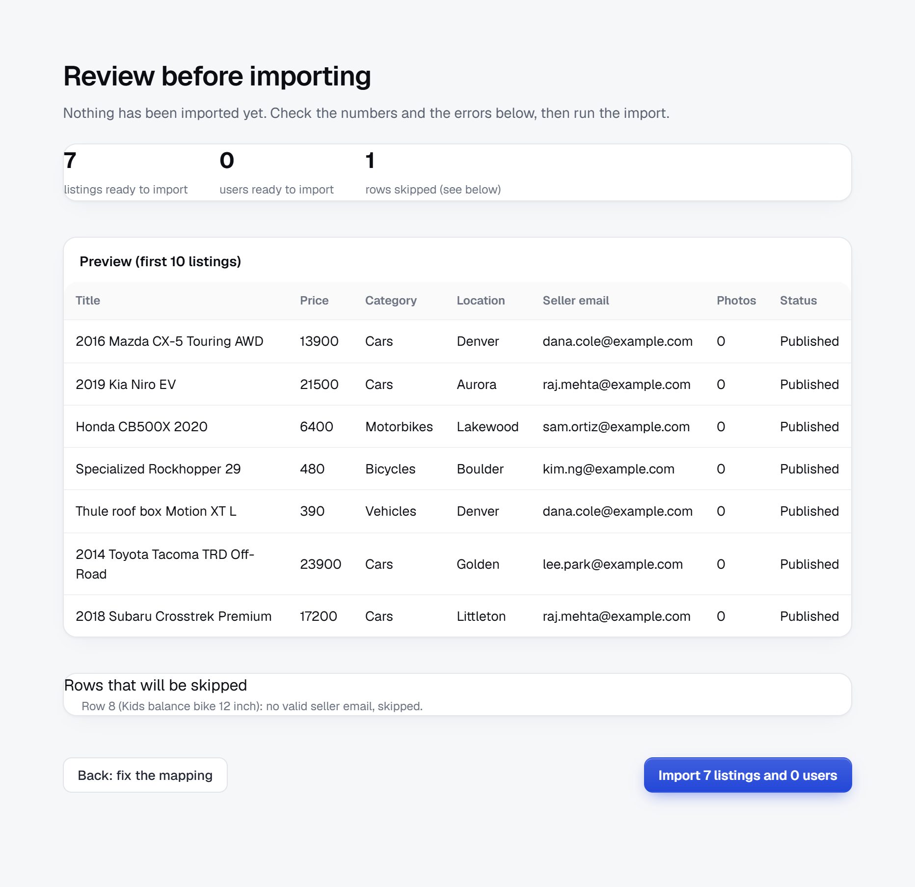 Review before importing: 7 listings ready, 1 row skipped, and a preview of the first 10 listings
