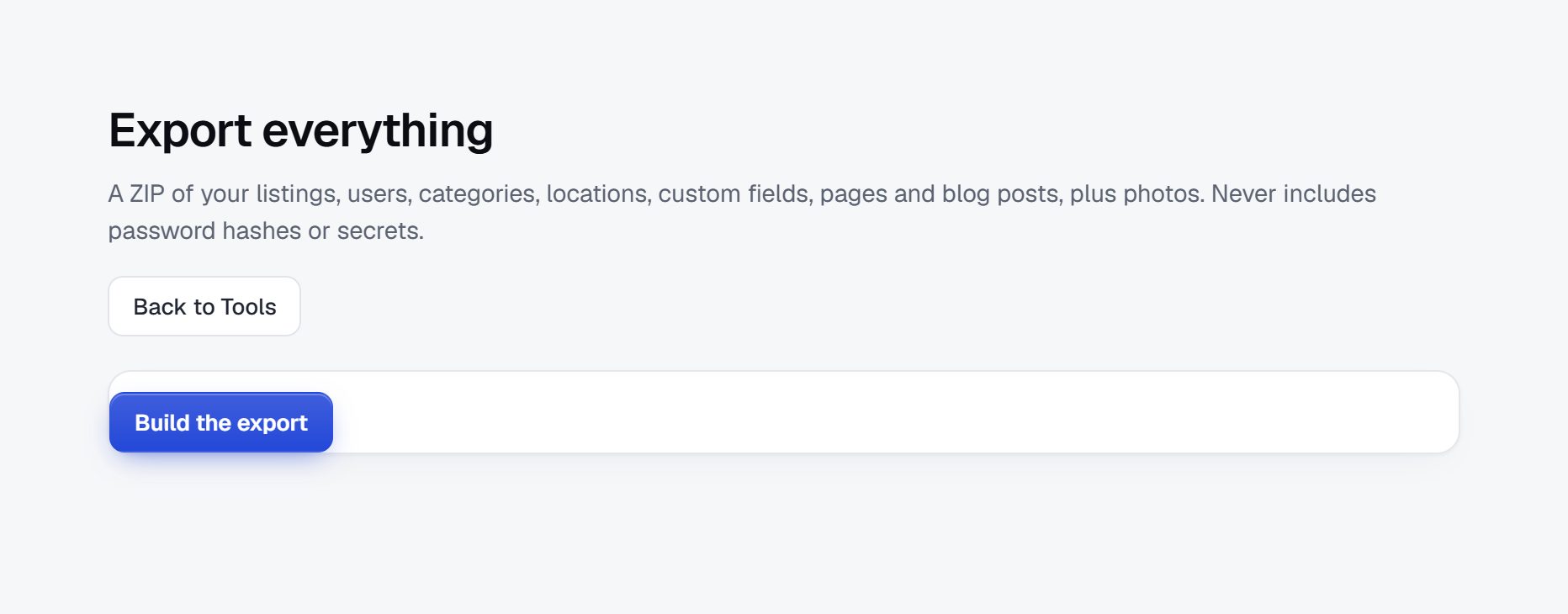 Export everything: a ZIP of listings, users, categories, locations, custom fields, pages and blog posts, plus photos