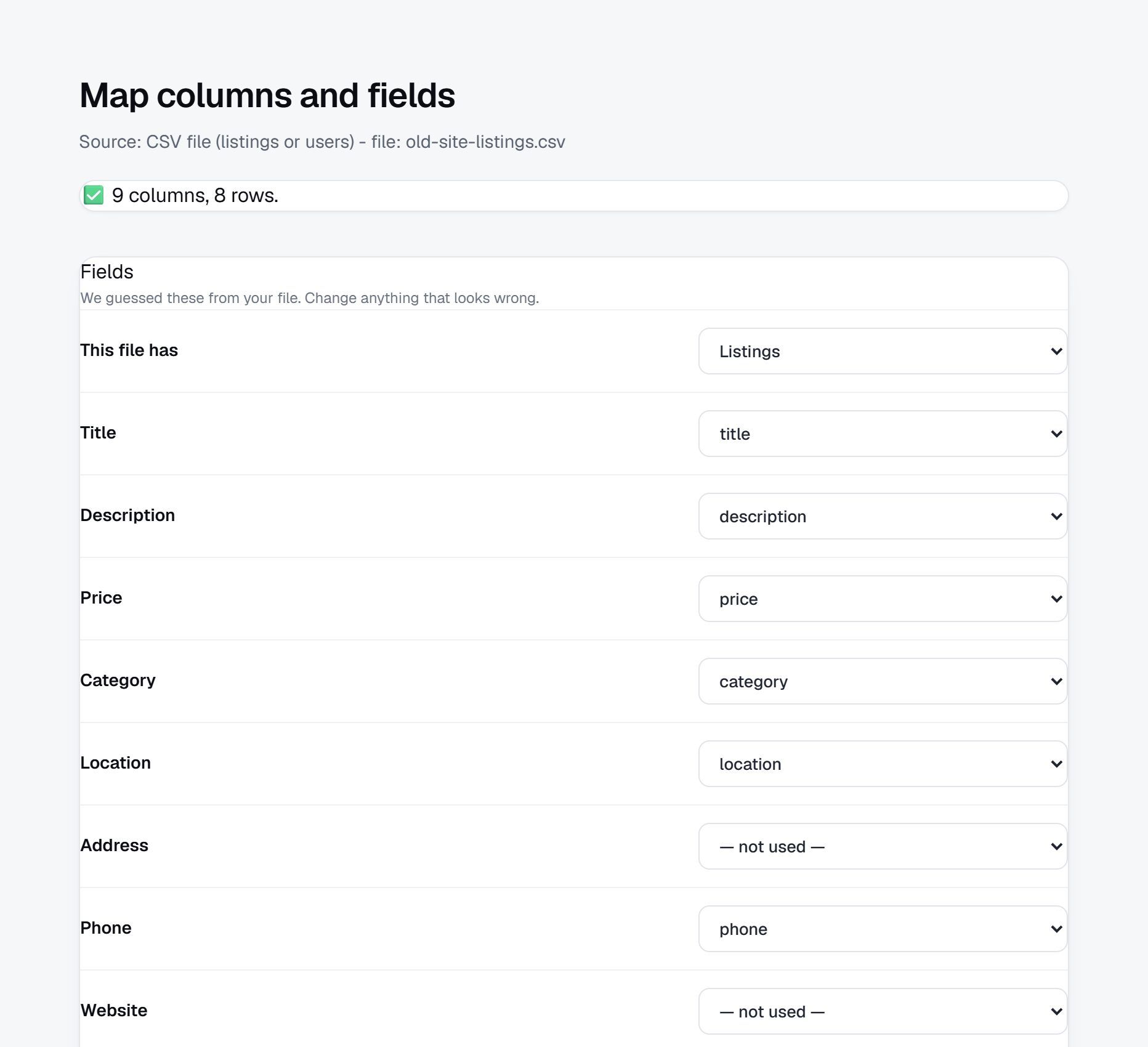 Map columns and fields: title, description, price, category, location, phone, seller email and name, date