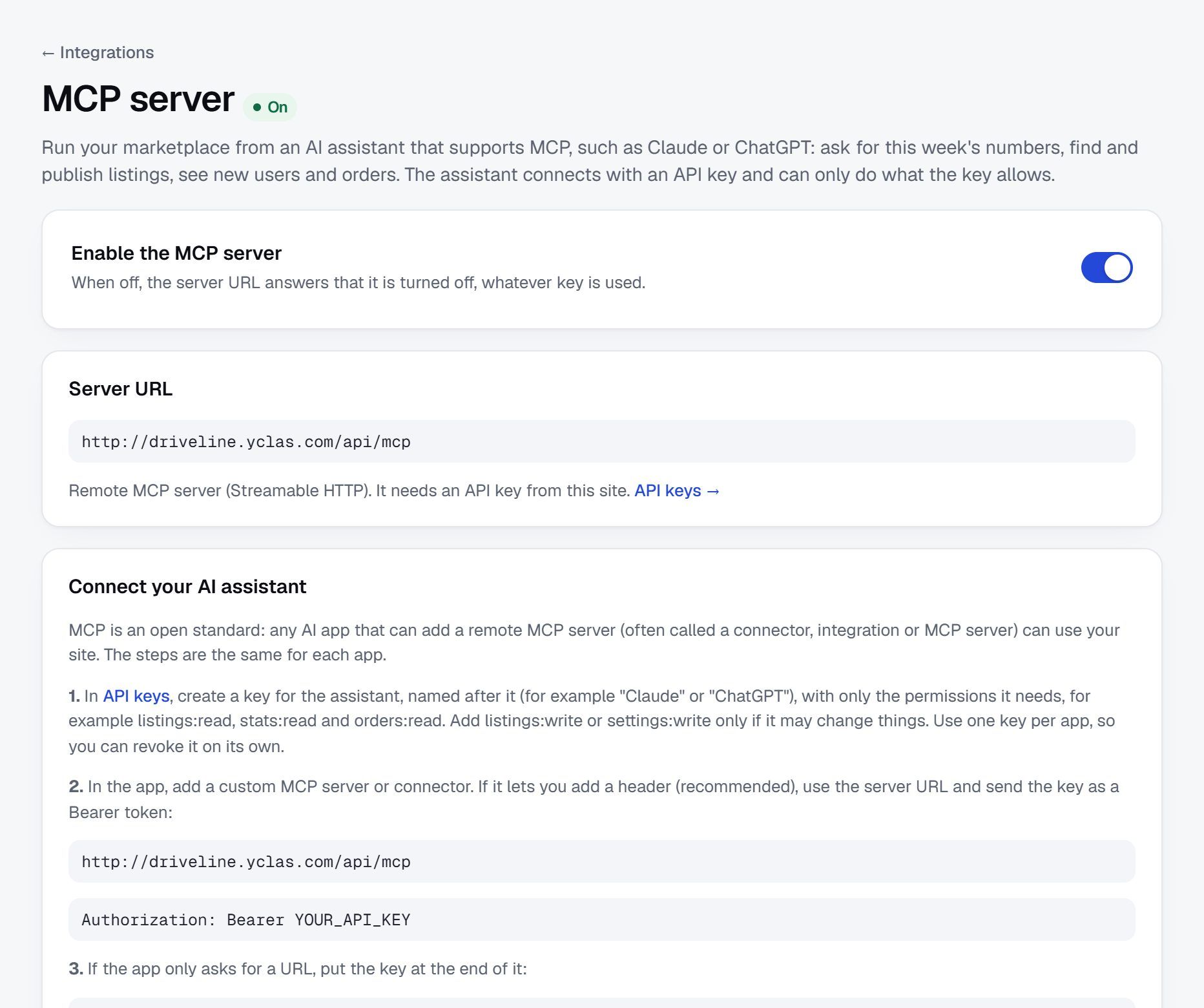 MCP server: switched on, the server URL, and how to connect your AI assistant