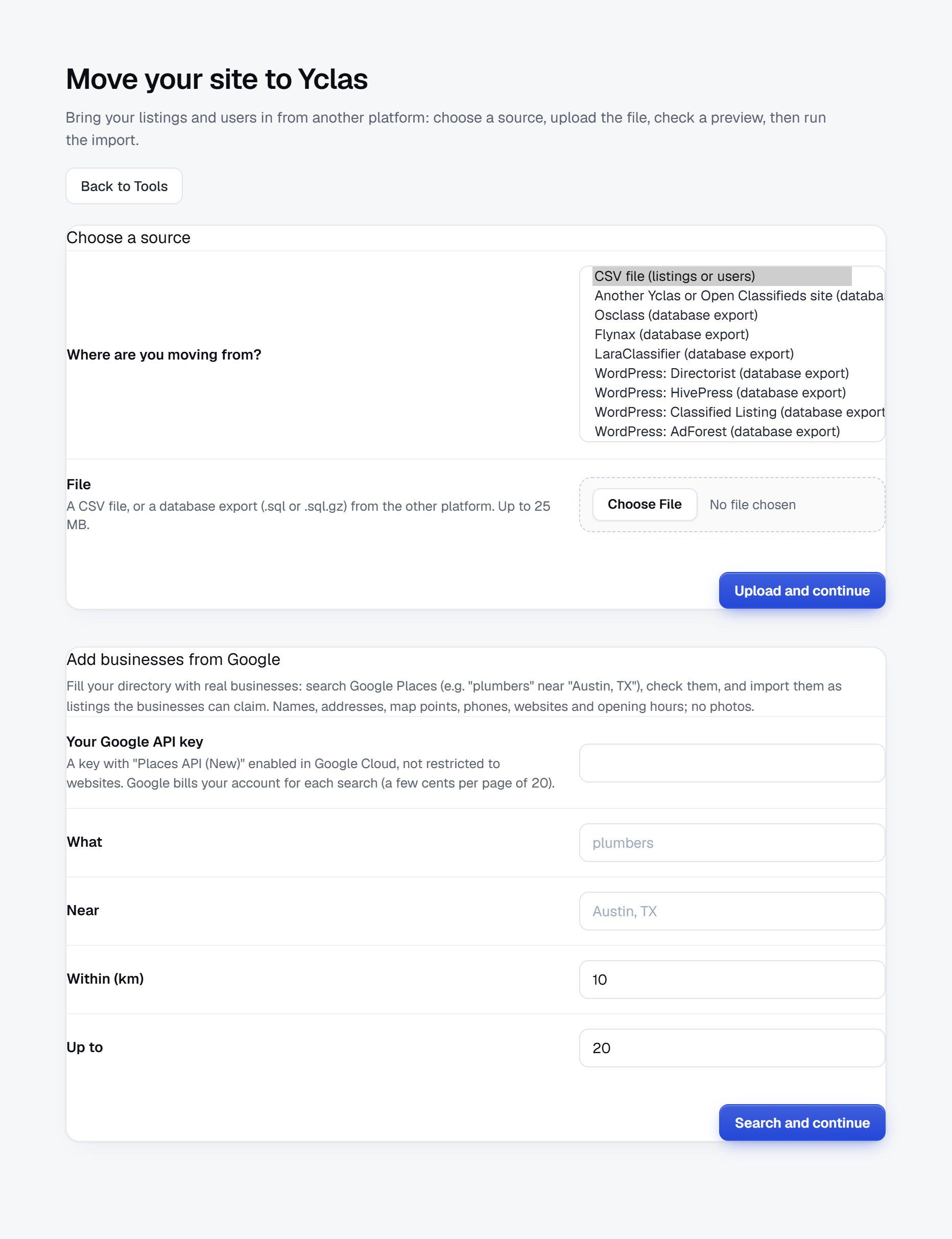 Move your site to Yclas: sources, and Add businesses from Google with your Google API key, what, near and within