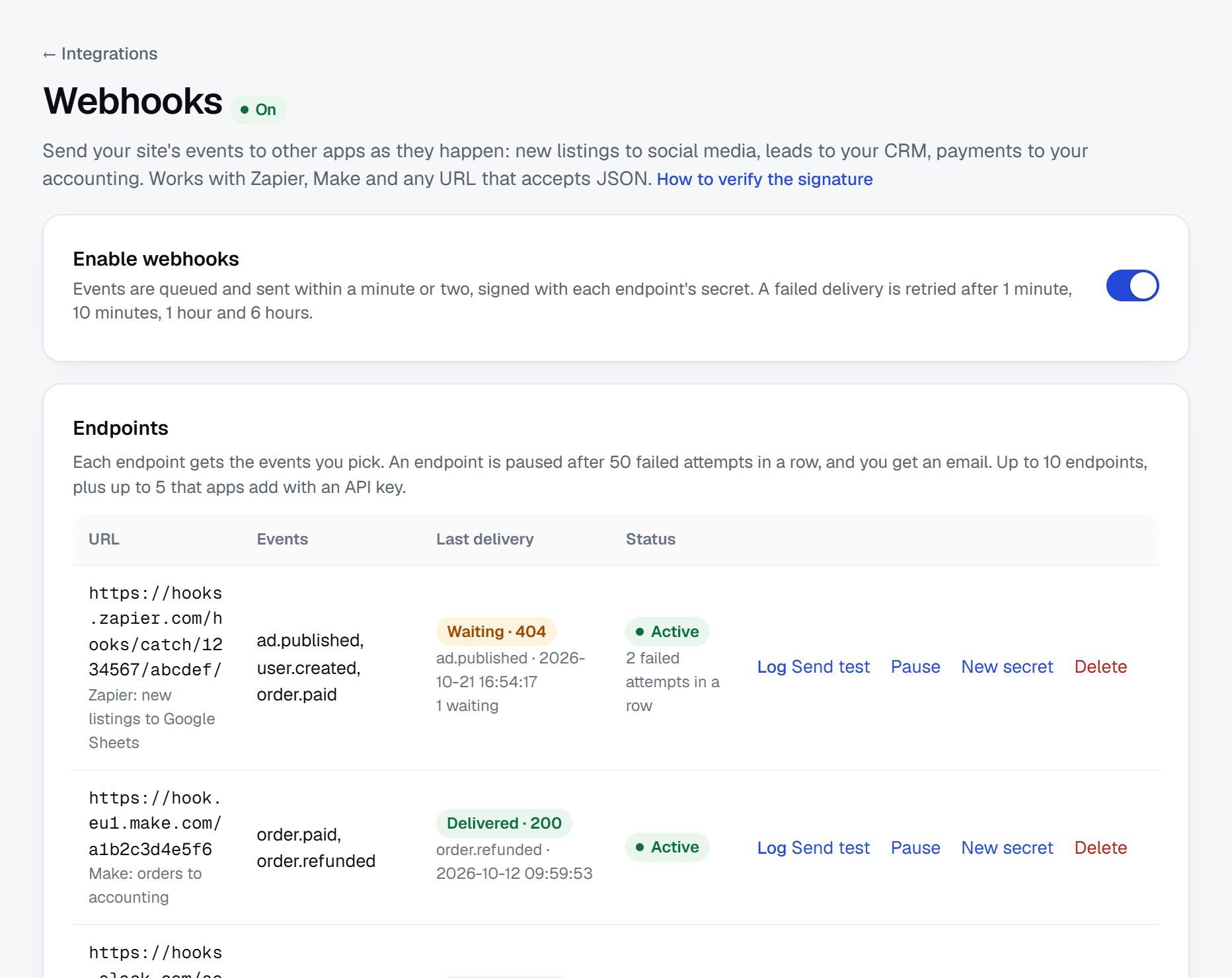 Webhooks: three endpoints for Zapier, Make and Slack, with their events, last delivery and status