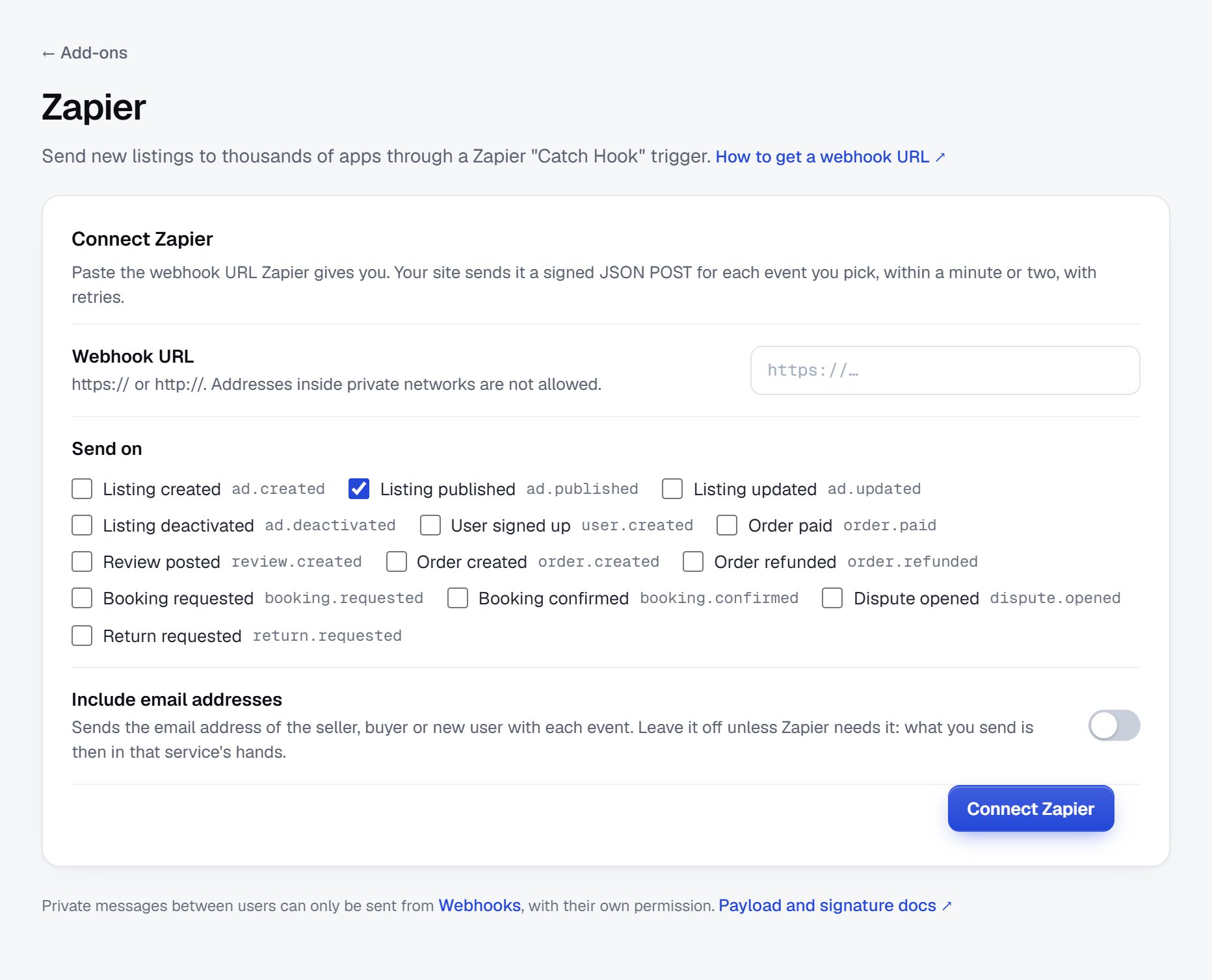 Zapier: the webhook URL, the events to send and whether to include email addresses