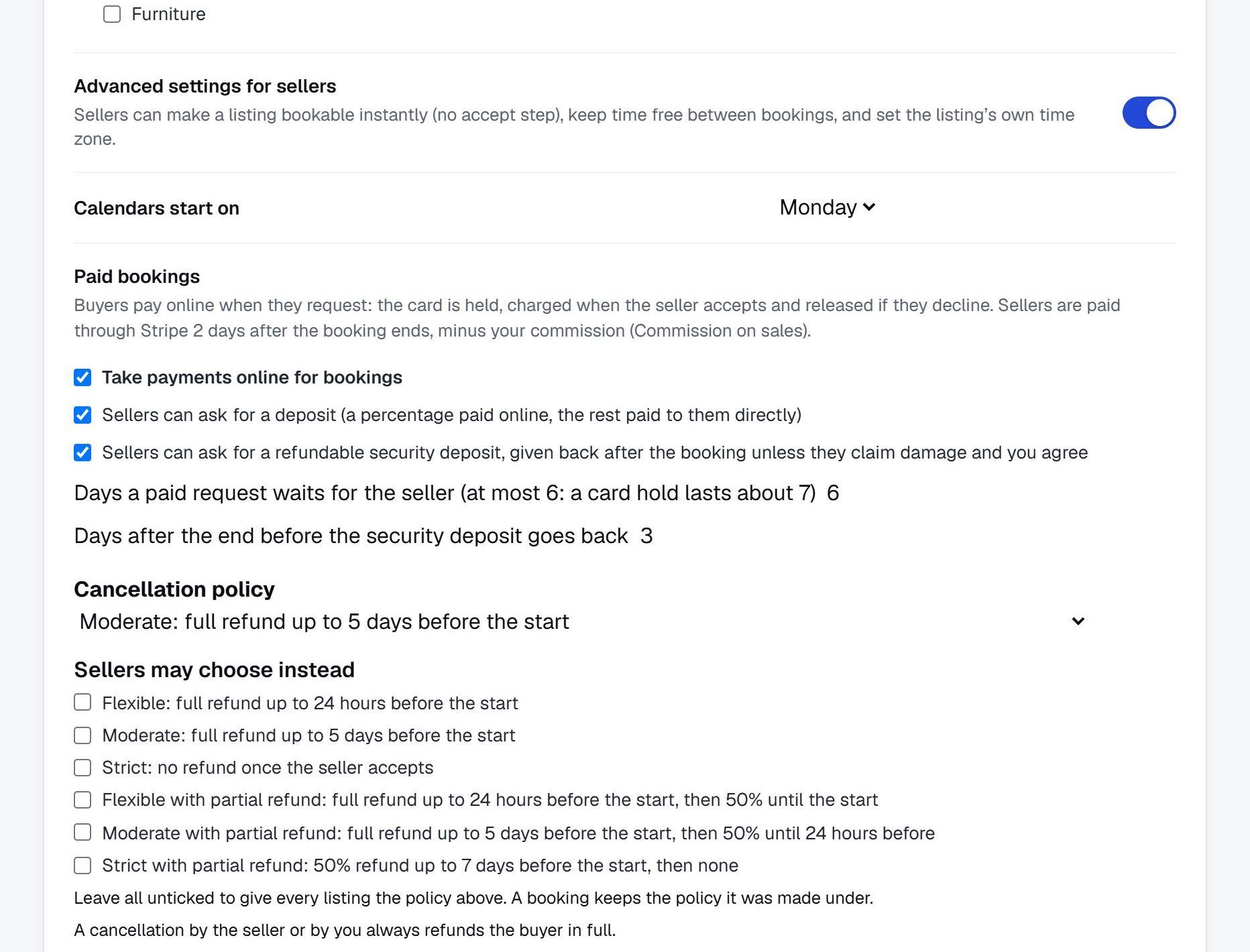 The Bookings settings: categories, advanced settings, paid bookings, deposits, cancellation policy and the buyer service fee