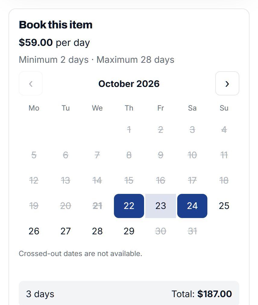 Book this item: three days chosen, a weekend price included, total $187