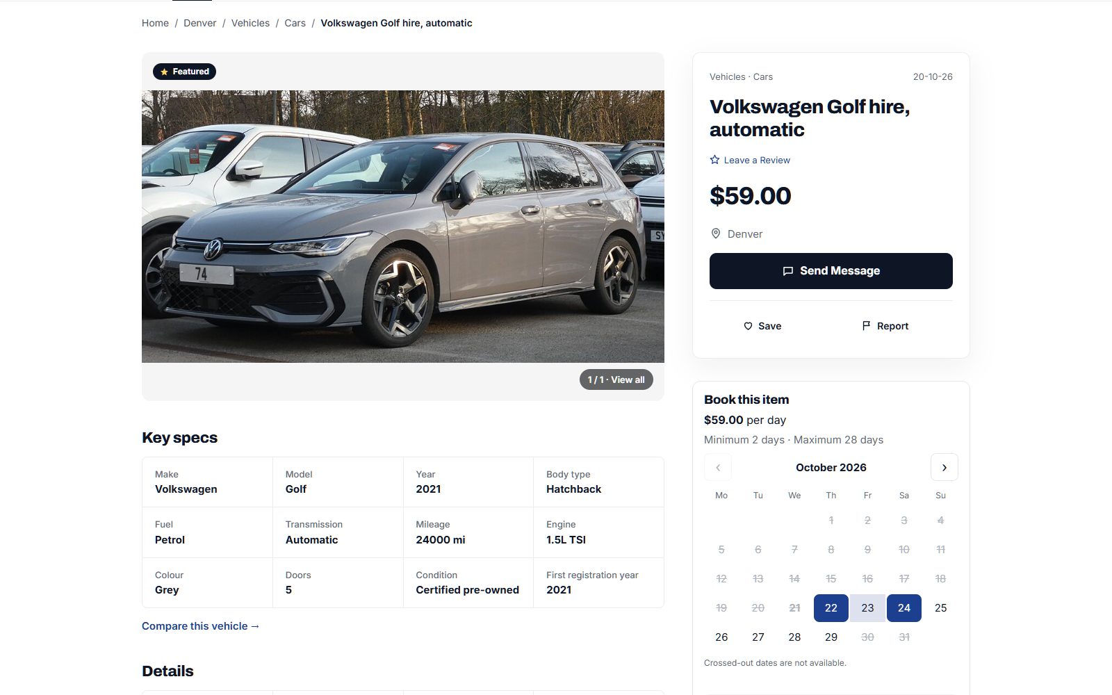 A car hire listing with its booking calendar