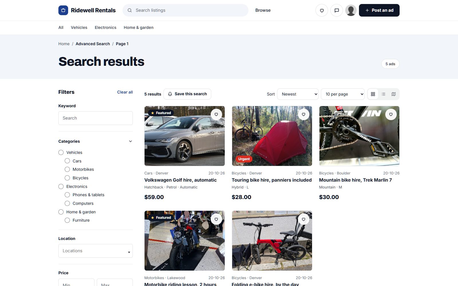 Search results for listings free on 28 October: five rentals, the one booked that day is not shown