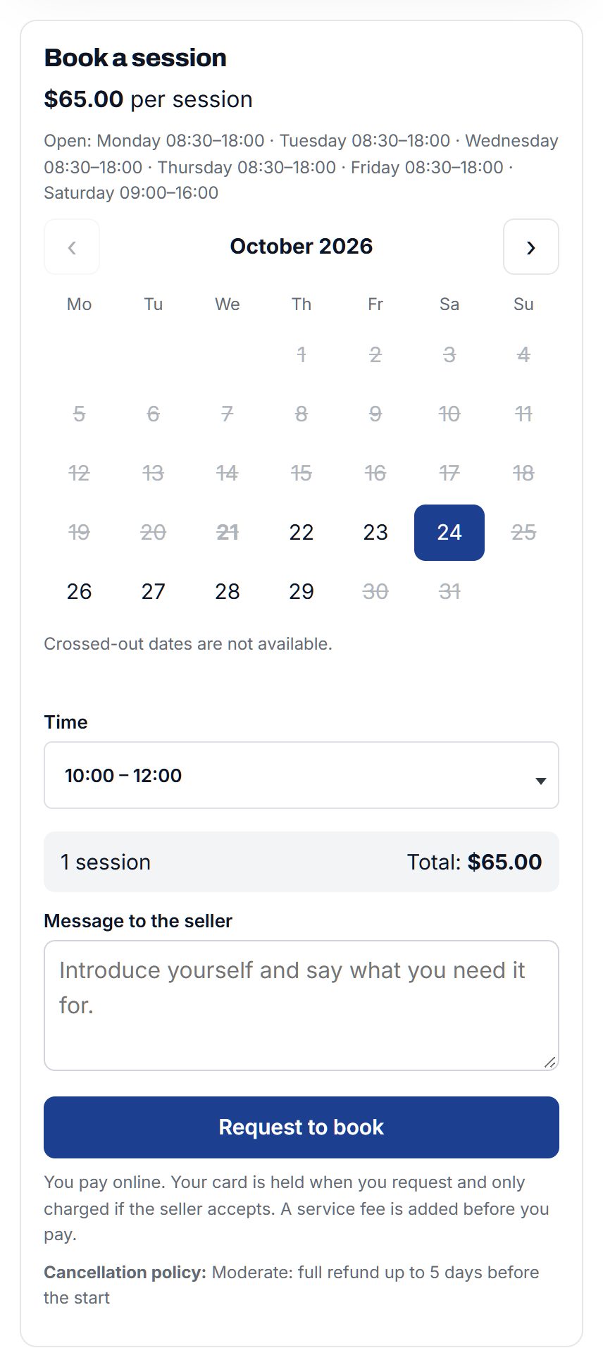 Book a session: opening hours, a calendar, the 10:00 to 12:00 session and the total