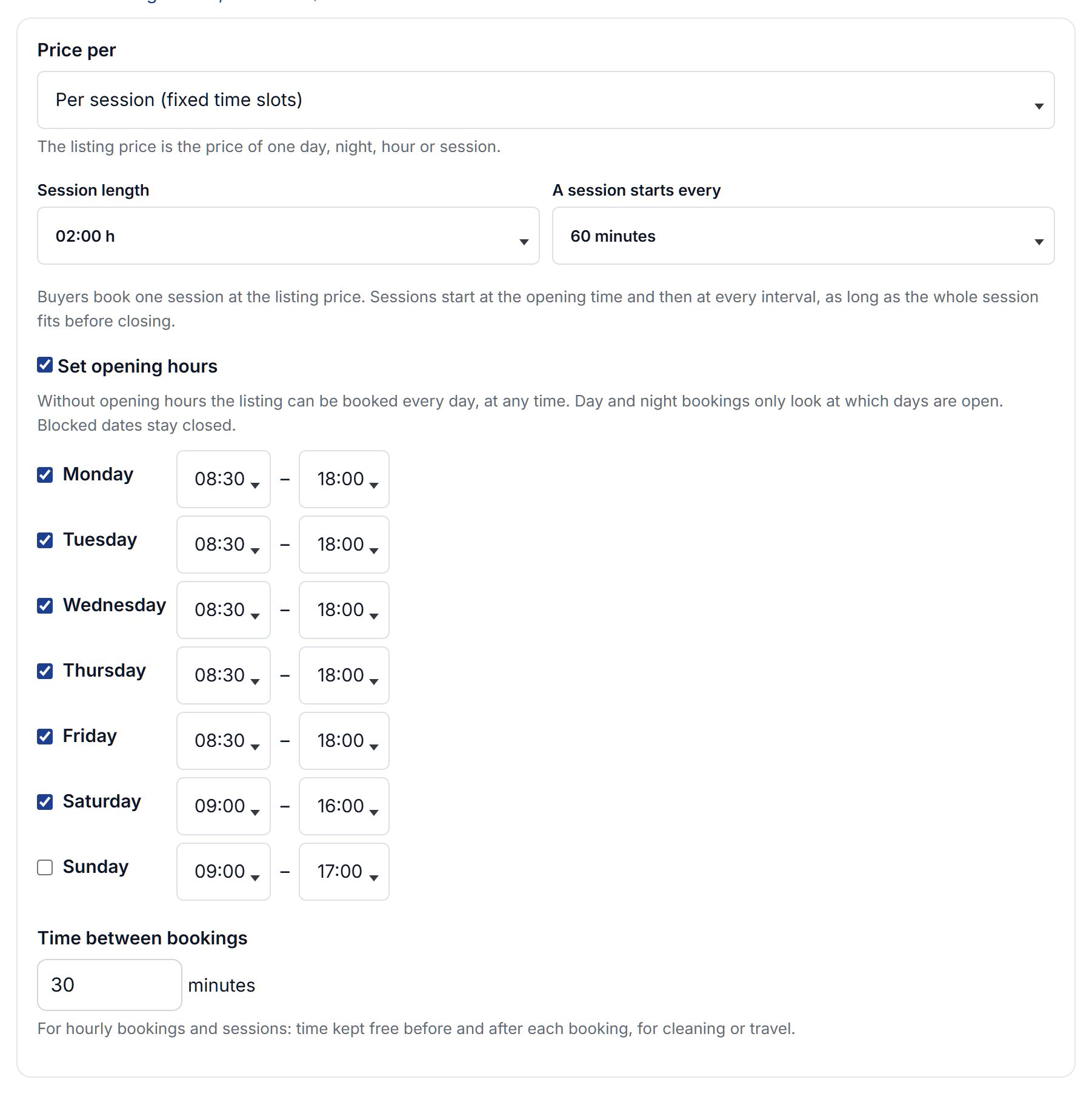 Booking settings for a two-hour lesson: session length, opening hours by weekday and time between bookings