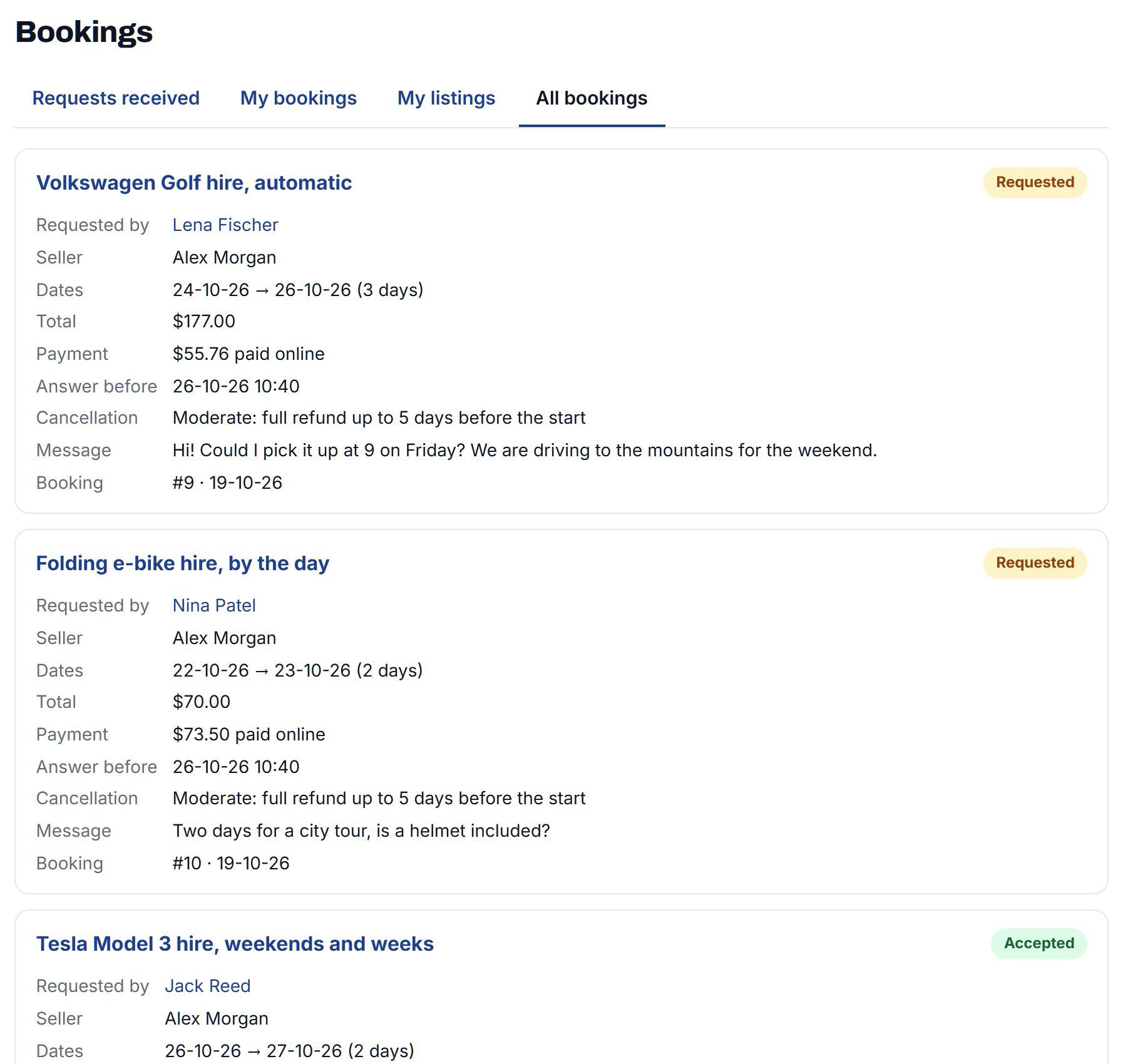 All bookings: requested and accepted bookings with seller, buyer, payment and cancellation policy
