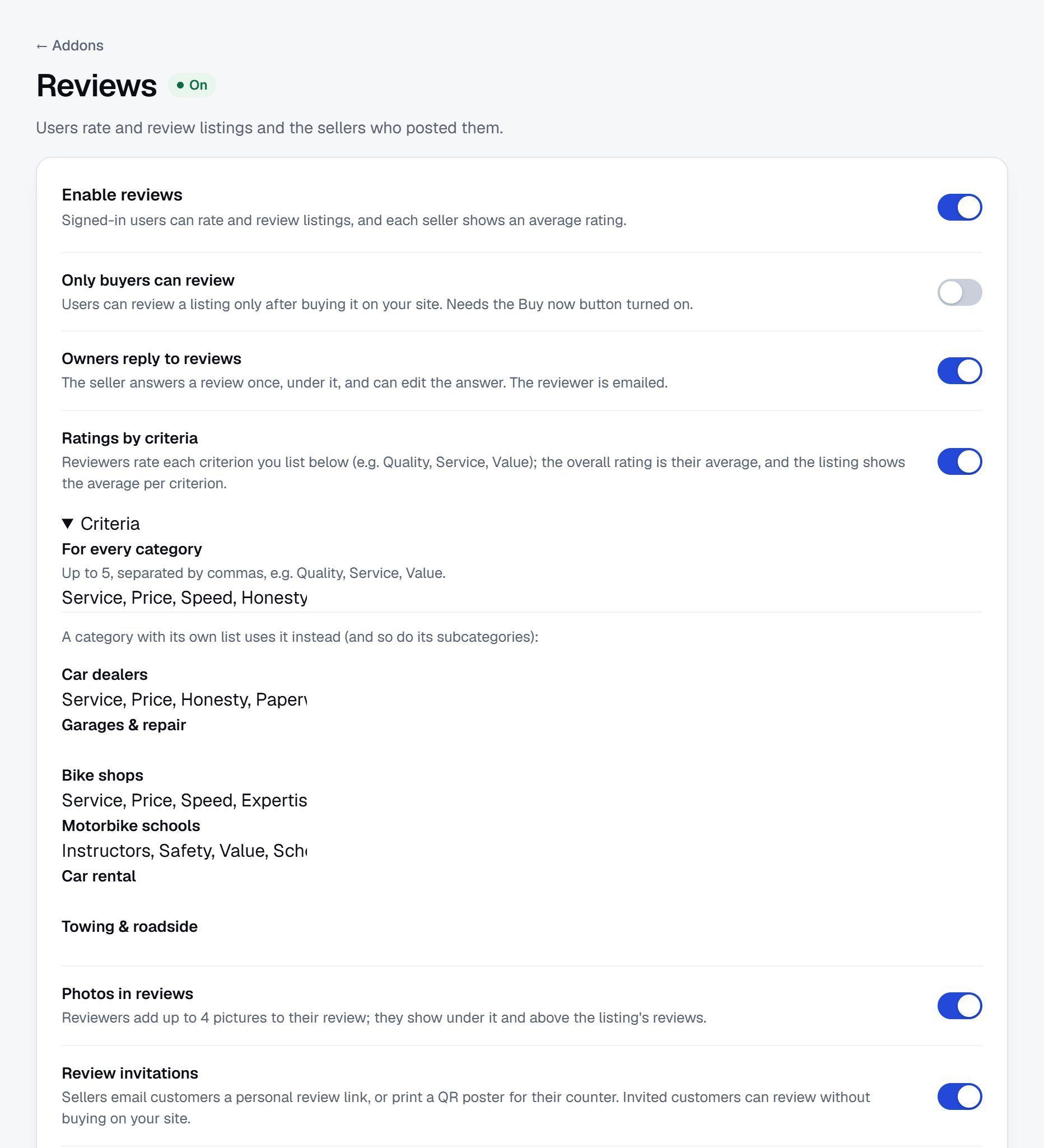Reviews settings: owner replies, ratings by criteria with lists per category, photos, invitations, rating badge, yearly awards, fake-review protection and AI review summary