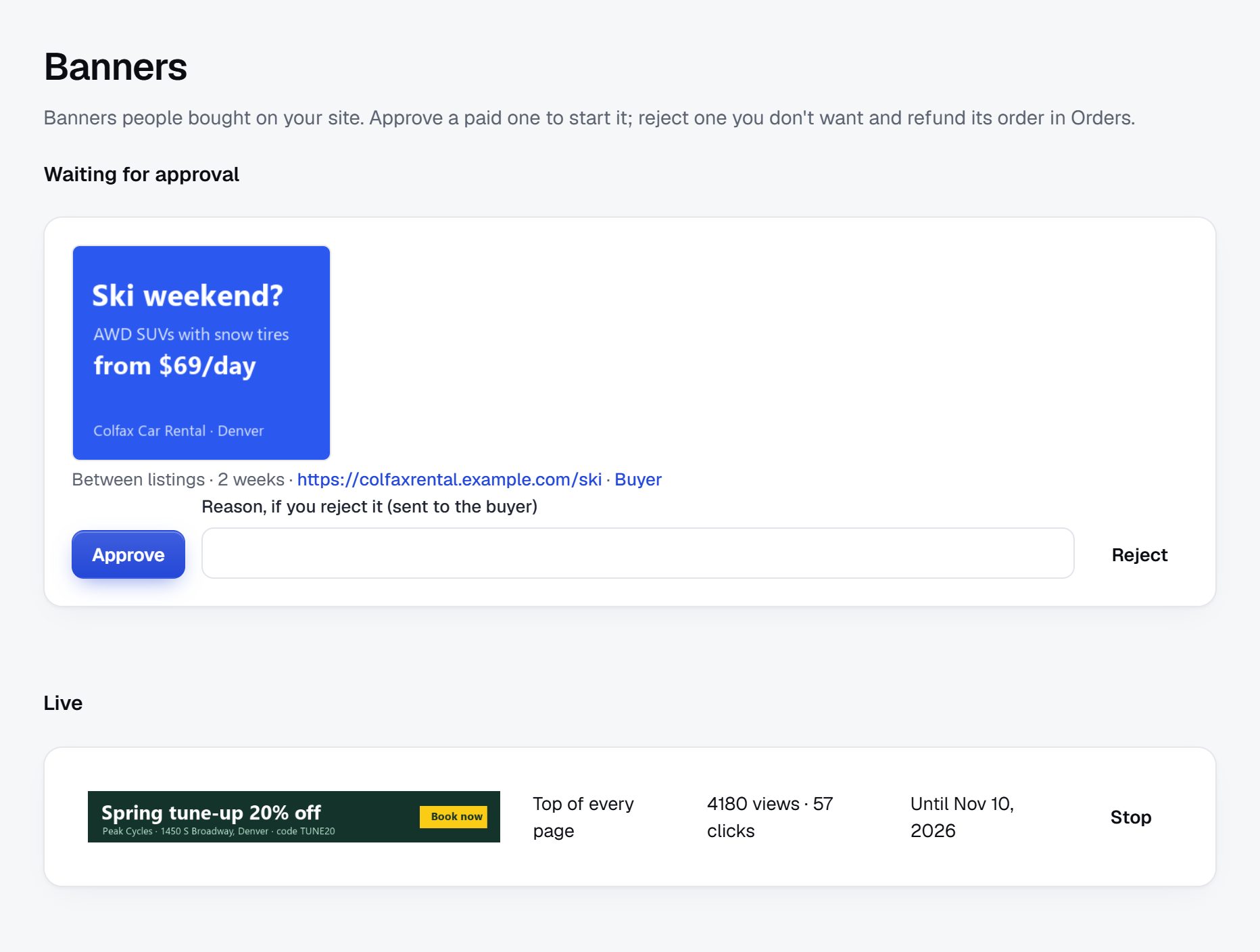 Banners: one waiting for approval with Approve and Reject, and one live with its views and clicks