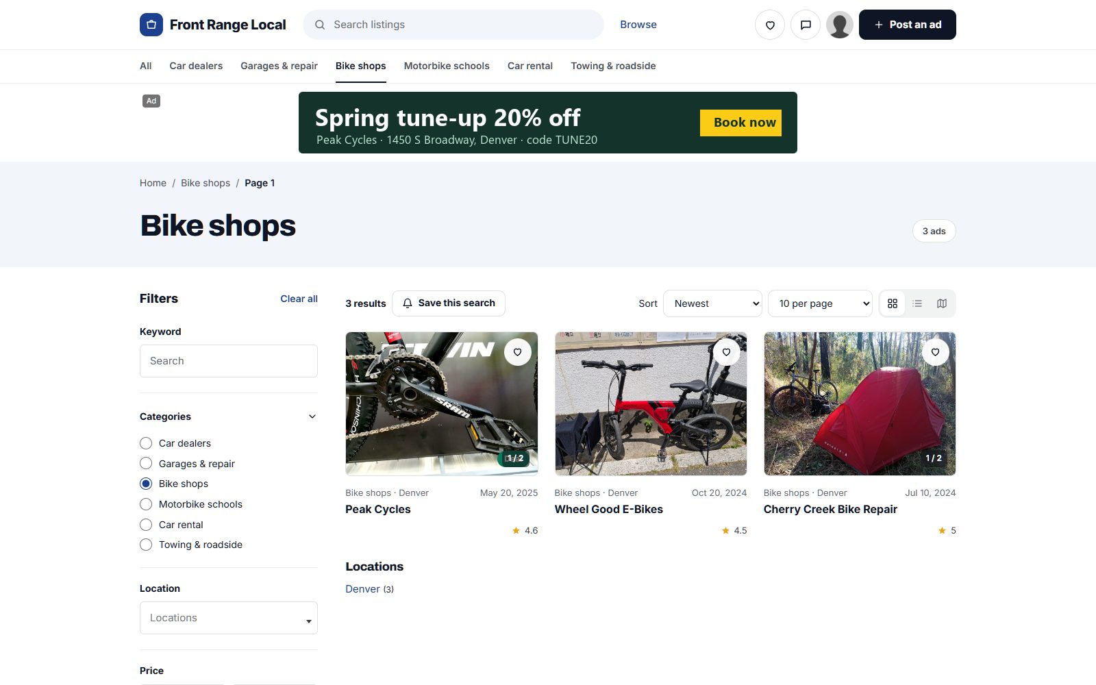 The Bike shops category with a banner from a local bike shop at the top