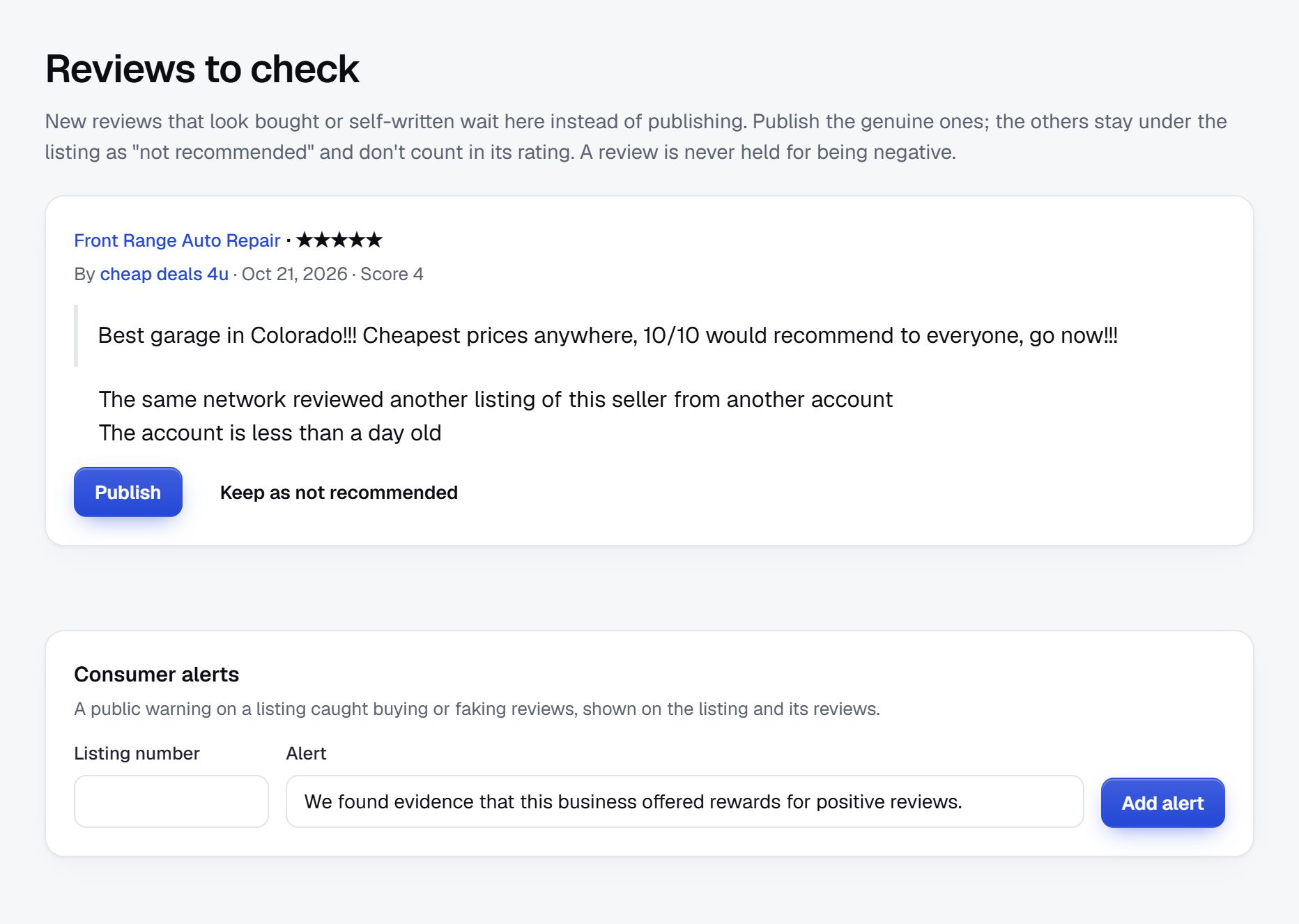 Reviews to check: a held review with its reasons, Publish and Keep as not recommended, and consumer alerts