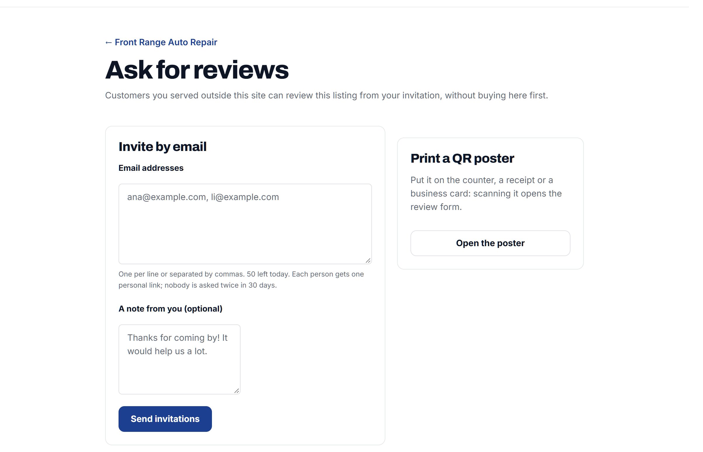 Ask for reviews: invite by email with a note, or print a QR poster