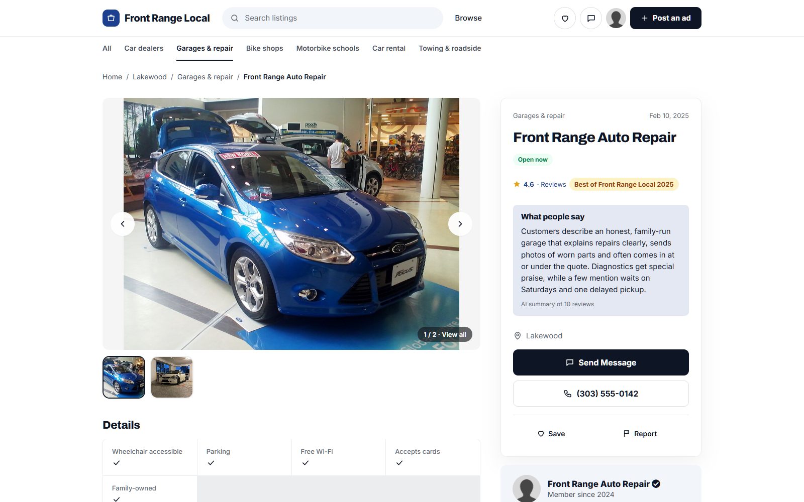 A garage's listing: Open now, rating, Best of 2025 award, review summary, phone and attributes