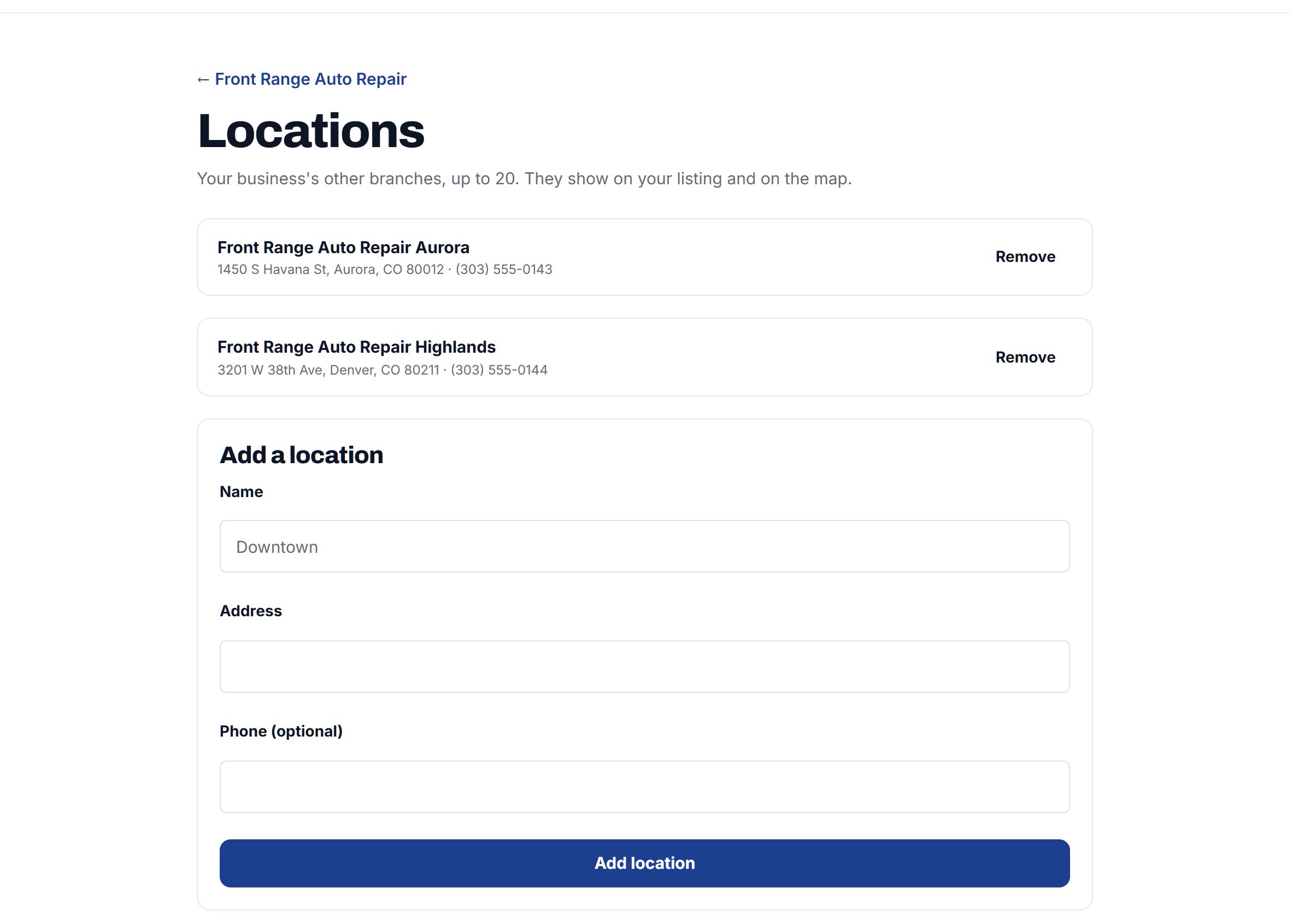 Locations: two branches with their addresses, and a form to add another