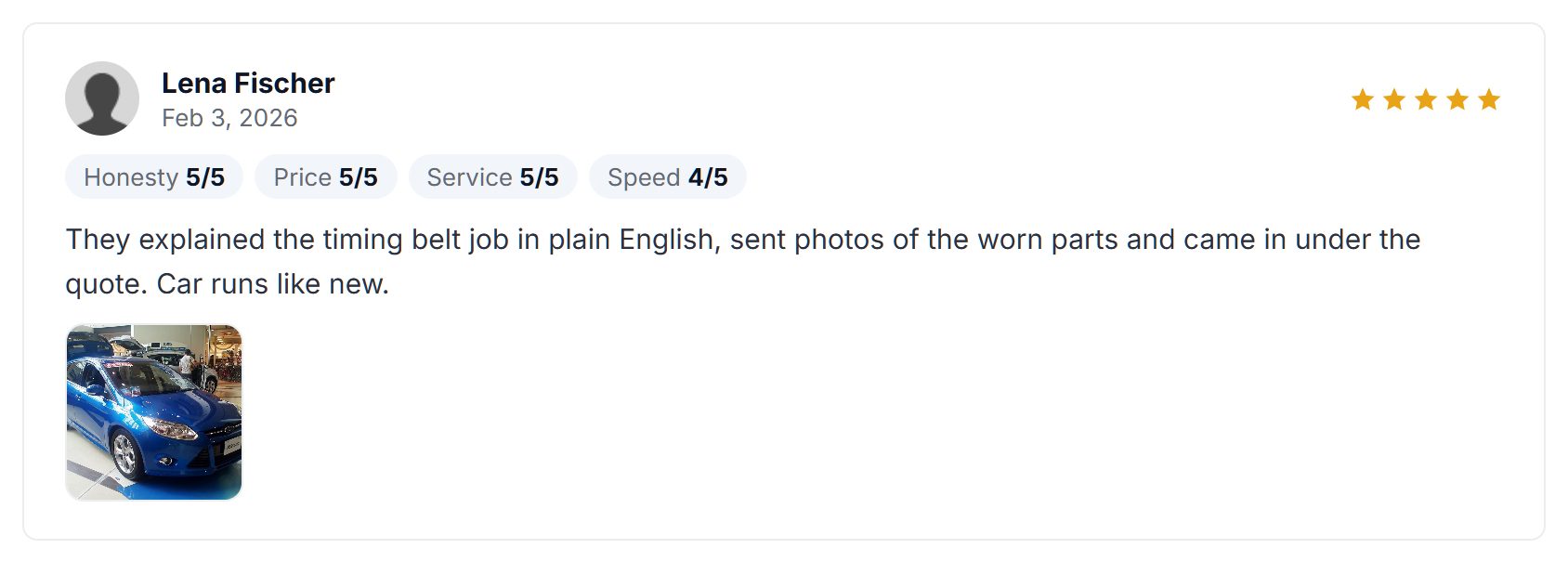 A review with a photo of the repaired car