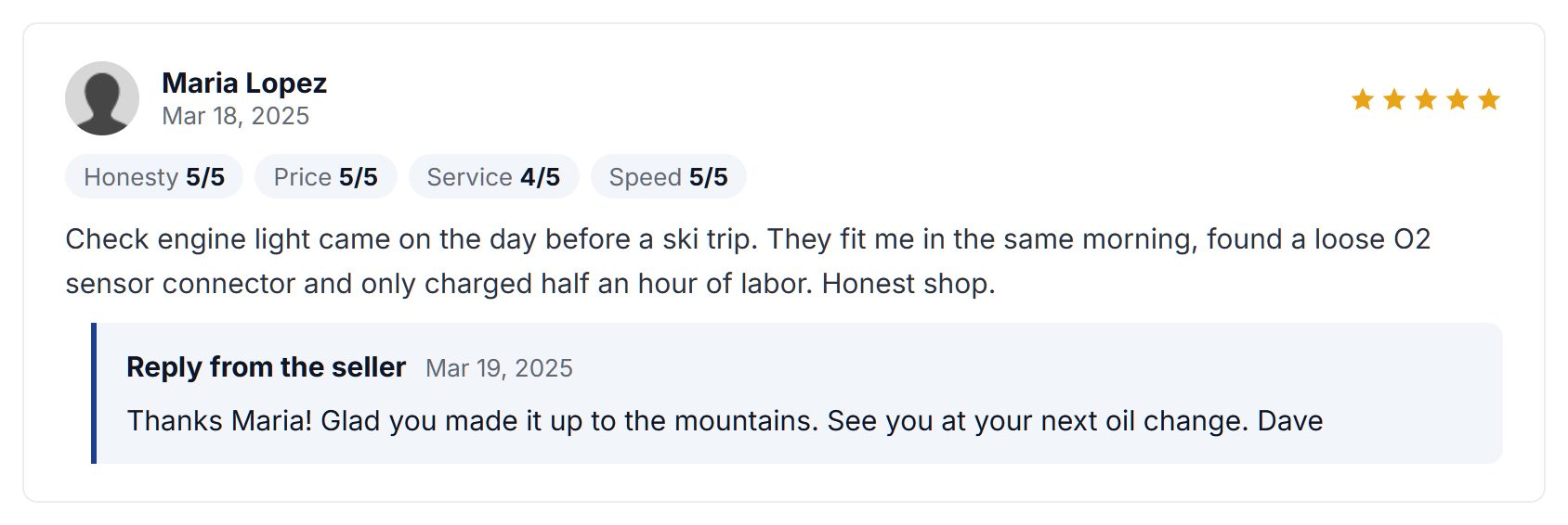 A five-star review with criteria scores and a reply from the business