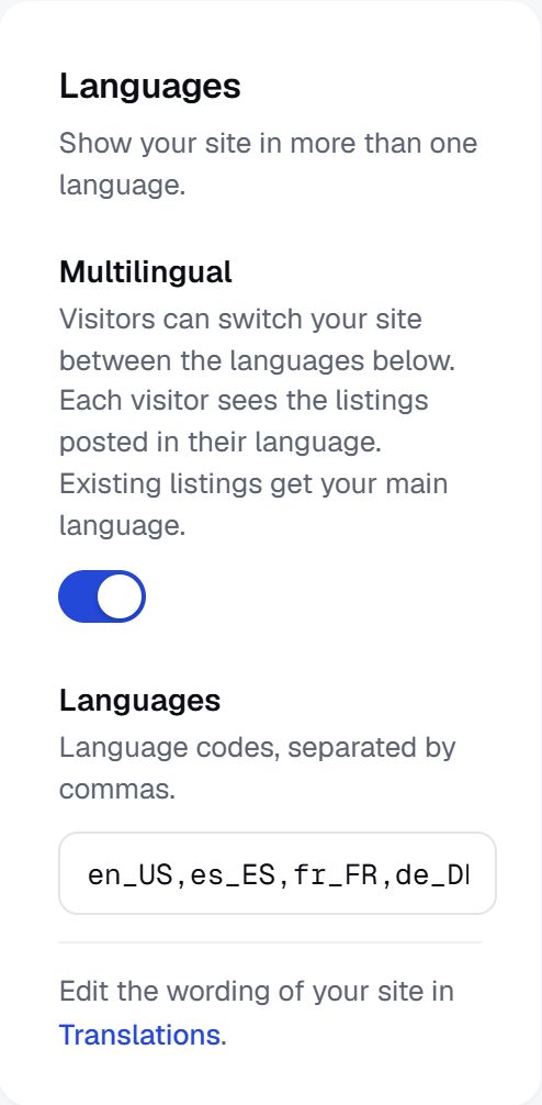 Languages settings: multilingual on, with English, Spanish, French, German and Arabic