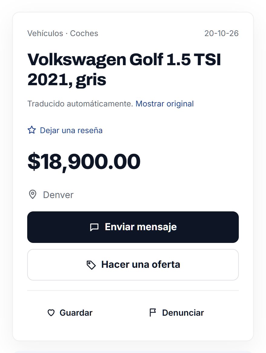 A listing in Spanish: Traducido automáticamente, Mostrar original