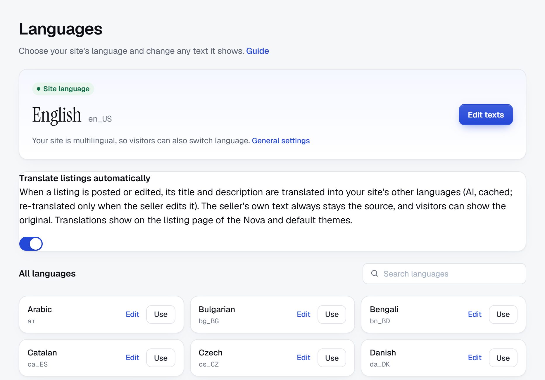 Languages: the site language, automatic listing translation and every language pack