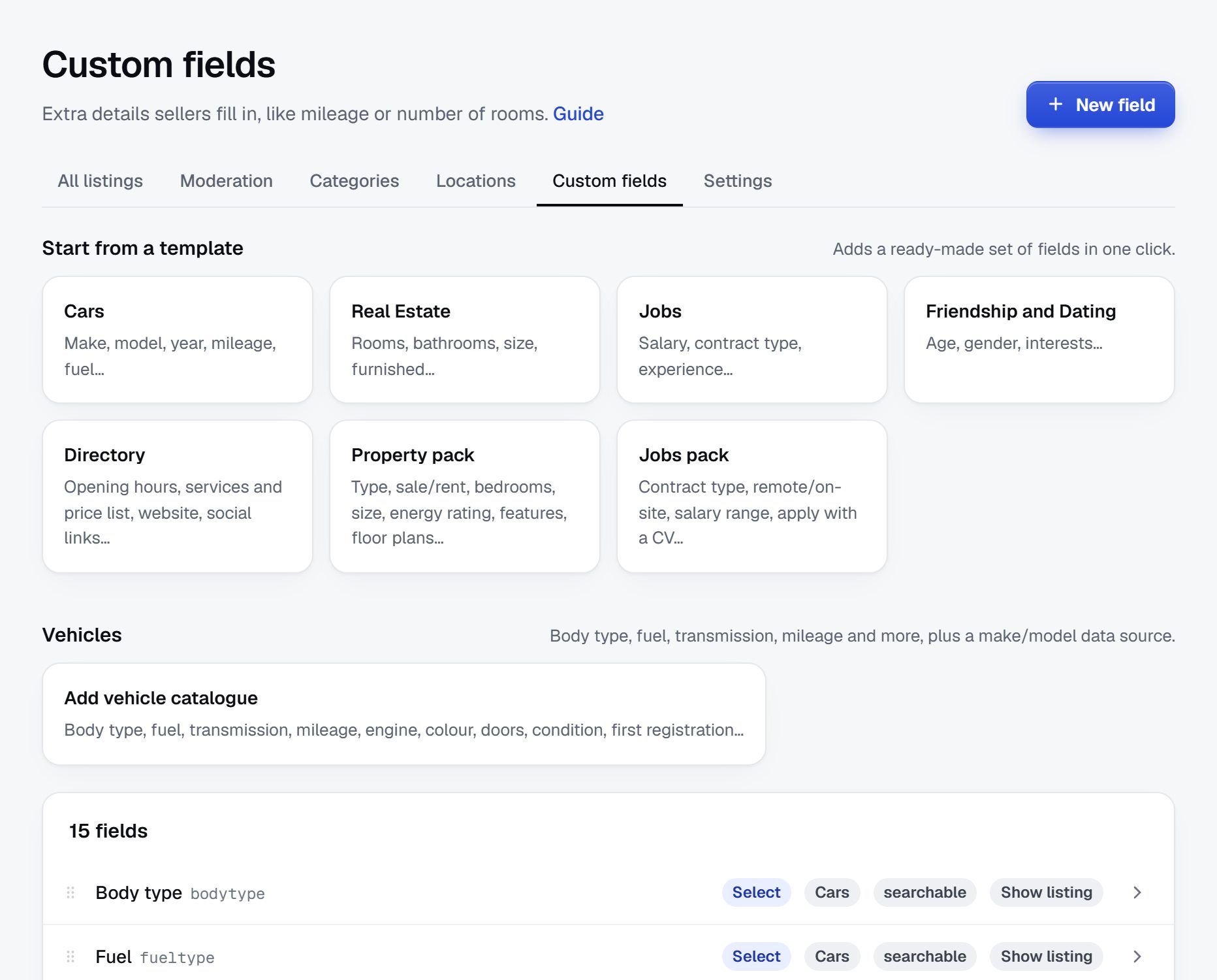 Custom fields: templates for cars, real estate, jobs and more, the vehicle catalogue, and the fields with their categories