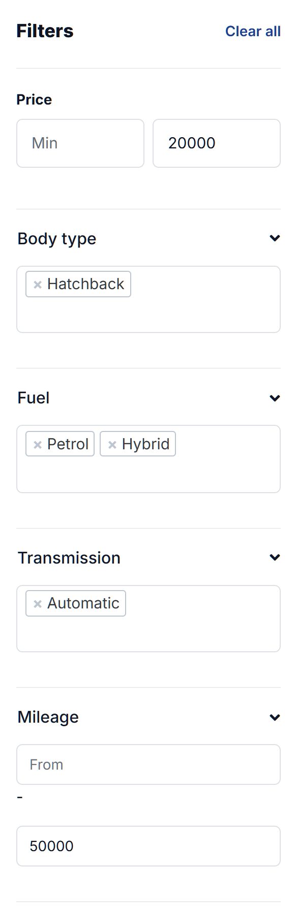 Search filters: price up to 20,000, body type Hatchback, fuel Petrol or Hybrid, automatic, under 50,000 miles