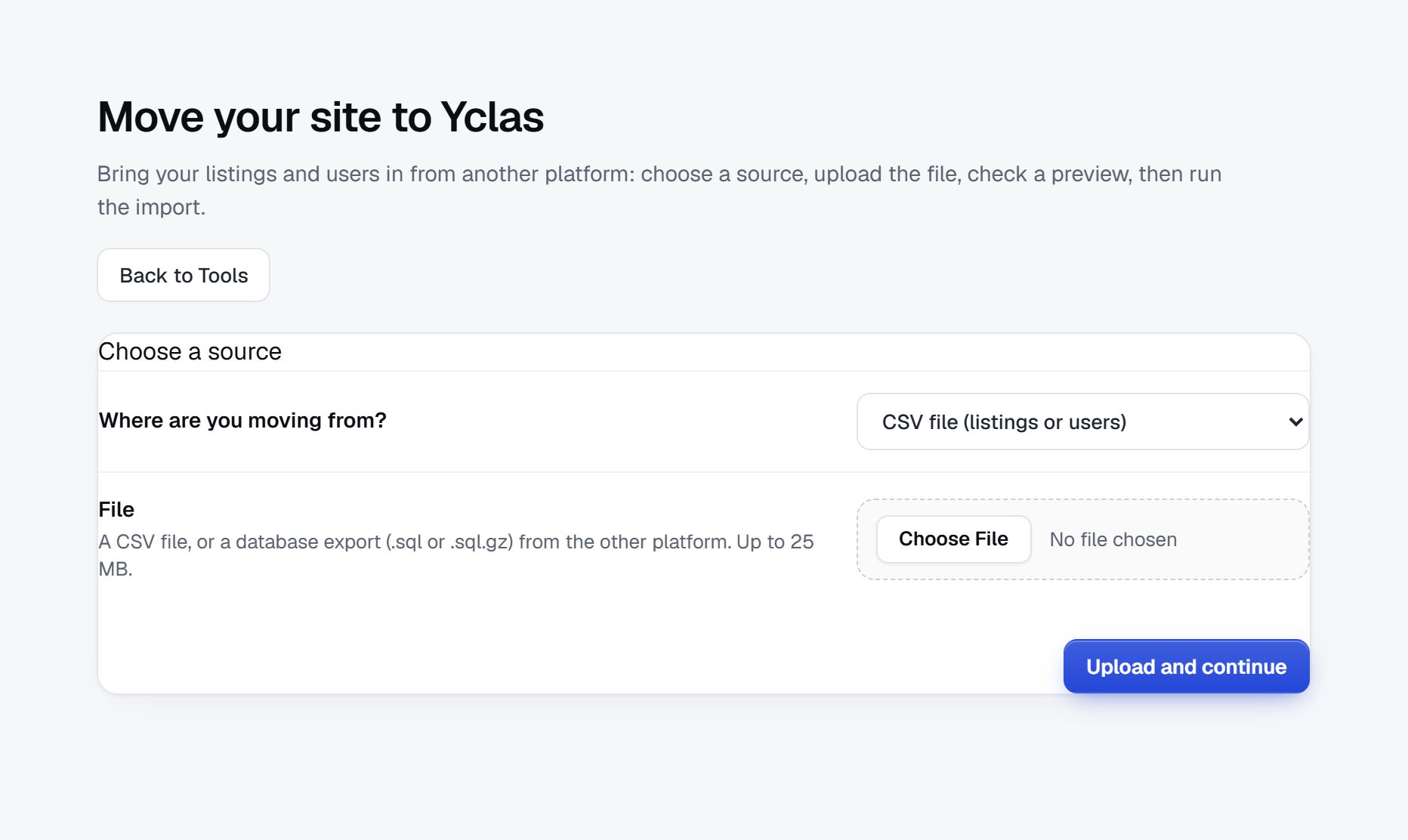 Move your site to Yclas: choose a source and upload a file