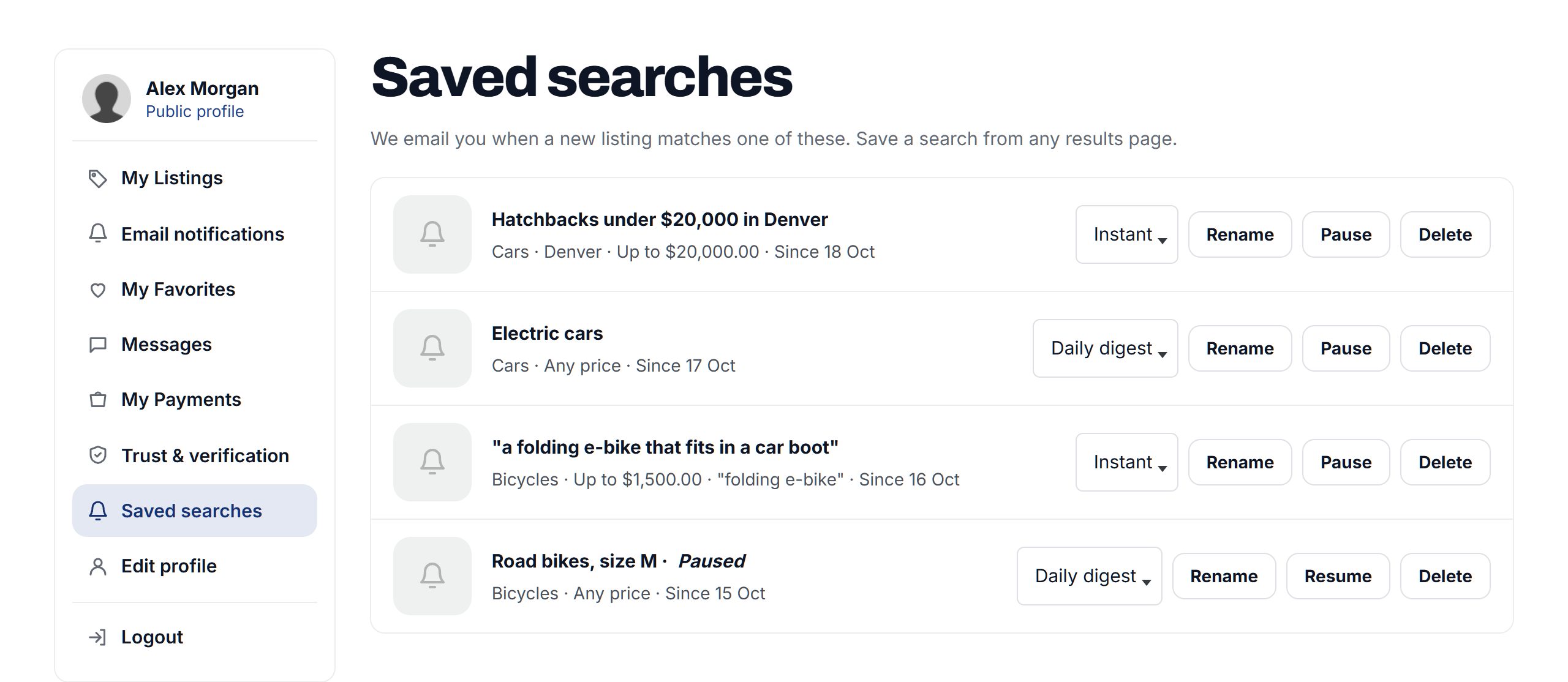 A buyer's saved searches, with instant and daily alerts
