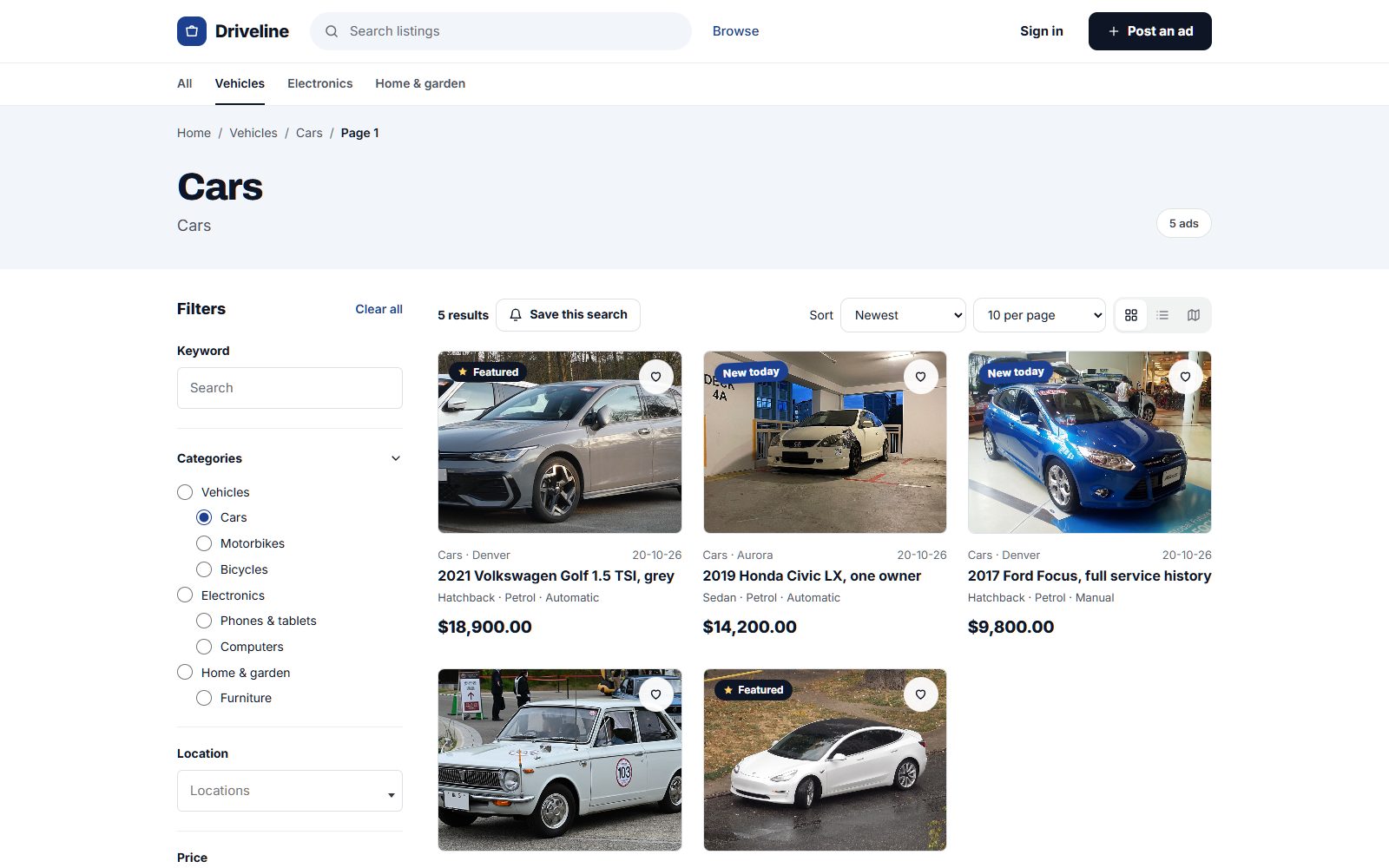 Search results for cars, with filters for body type, fuel, mileage and more