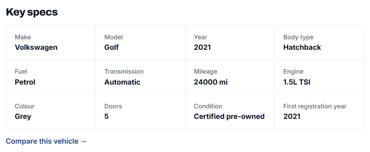 Key specs of a car listing