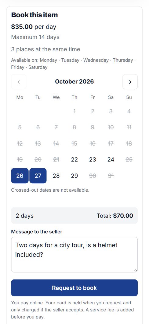 An e-bike rental on a phone: two days chosen, total $70, Request to book