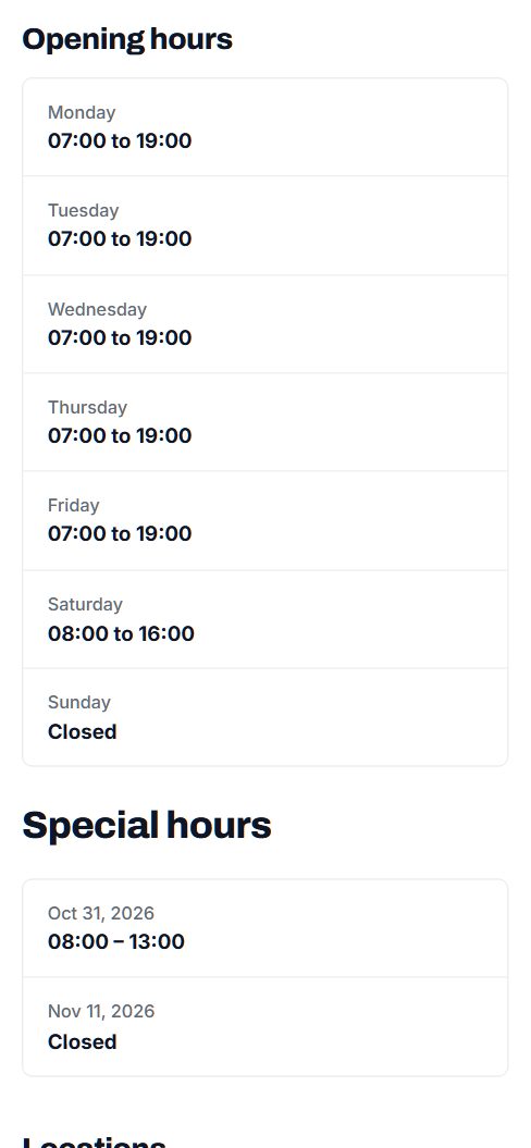 Opening hours and special hours on a phone